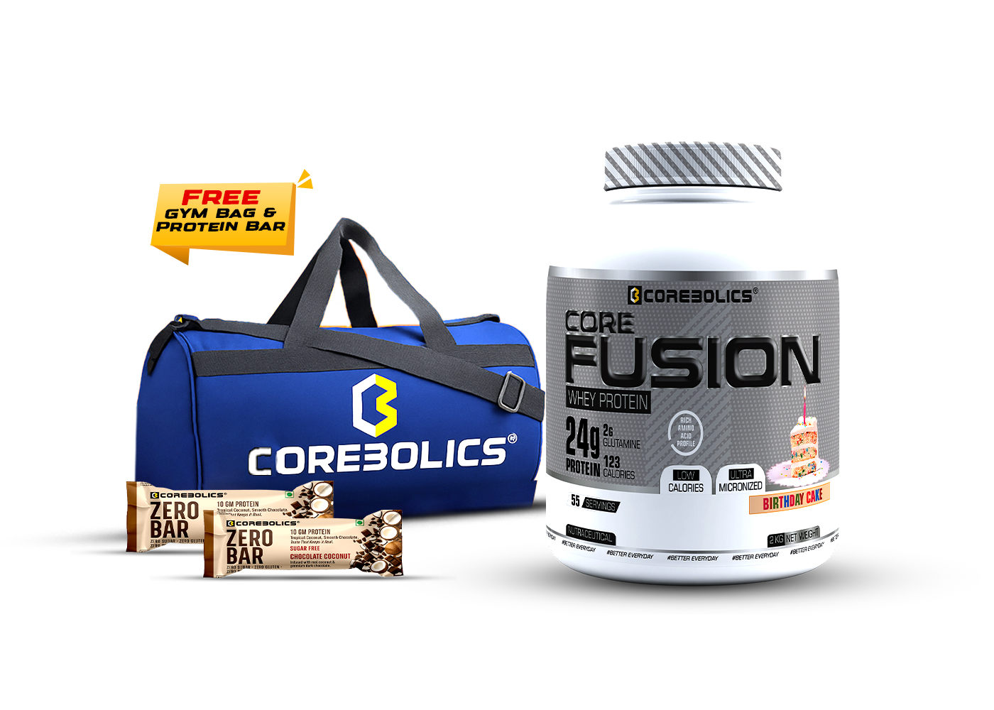 COREBOLICS CORE FUSION WHEY PROTEIN ( 2KG , 55 SERVINGS ) FREE GYM BAG & PROTEIN BAR