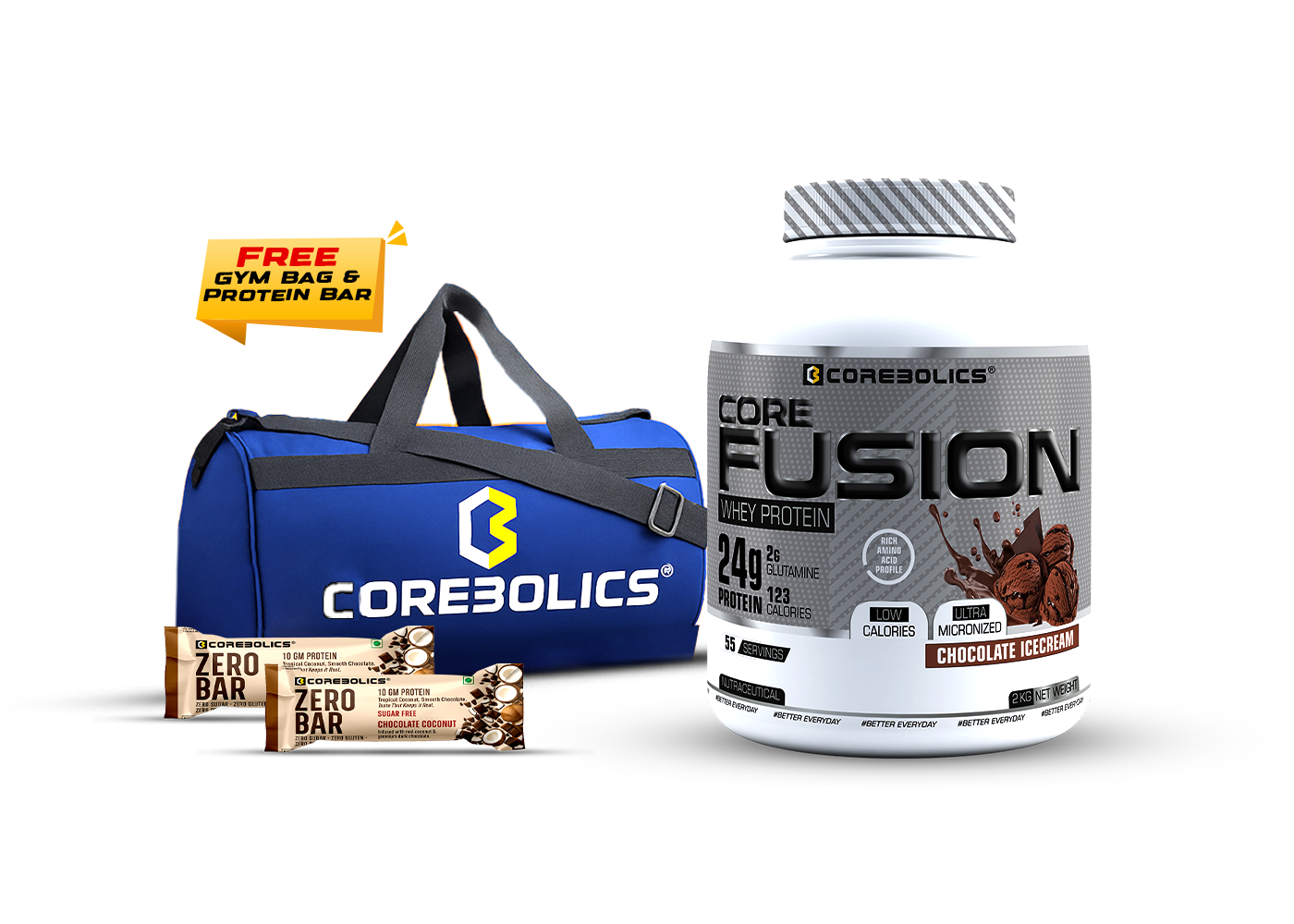 COREBOLICS CORE FUSION WHEY PROTEIN ( 2KG , 55 SERVINGS ) FREE GYM BAG & PROTEIN BAR