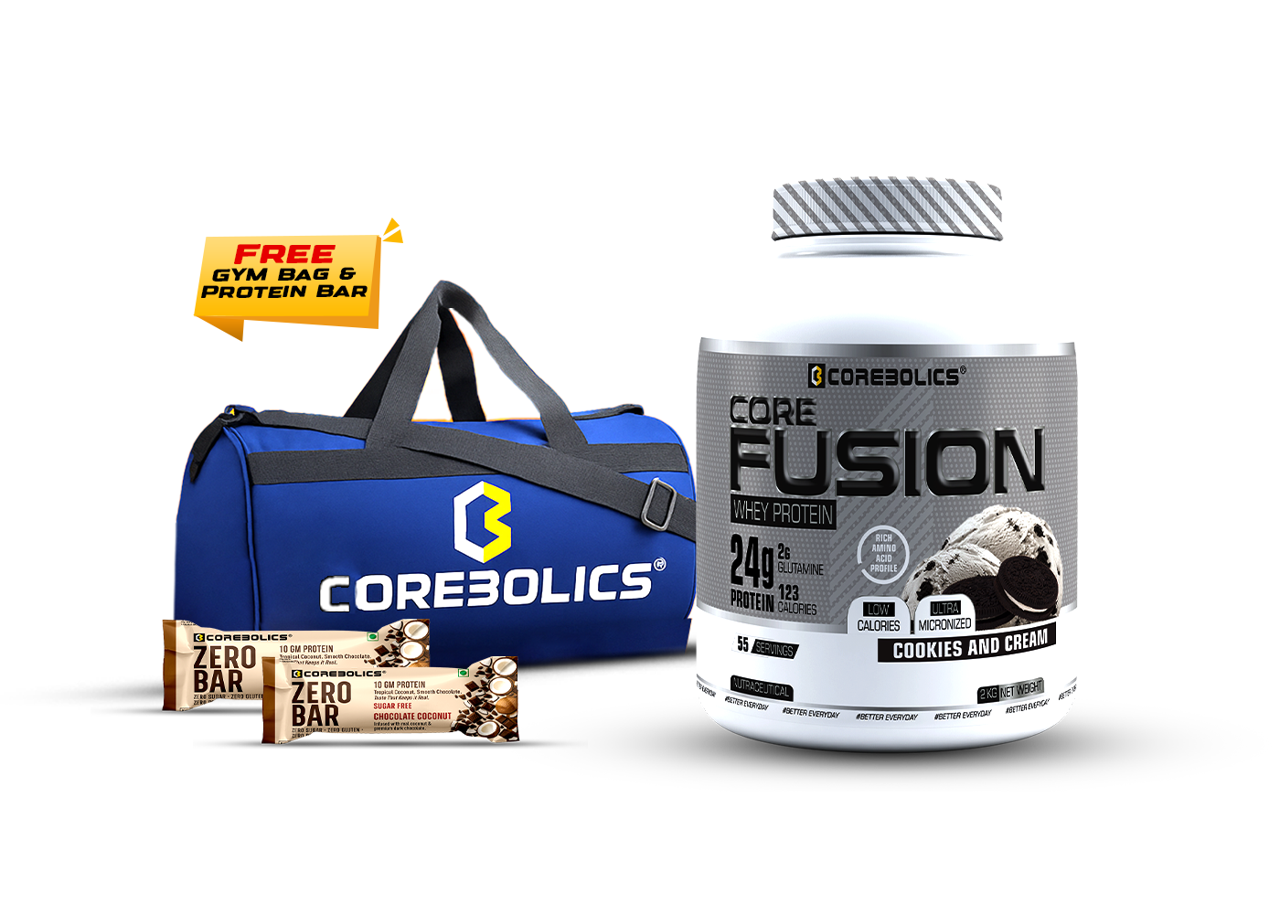 COREBOLICS CORE FUSION WHEY PROTEIN ( 2KG , 55 SERVINGS ) FREE GYM BAG & PROTEIN BAR
