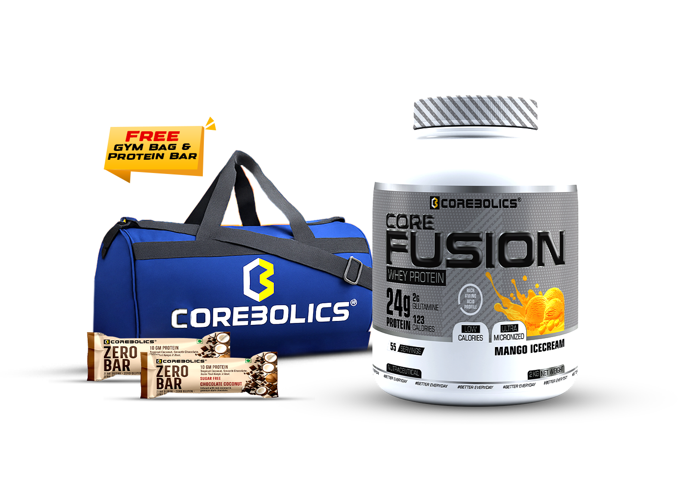 COREBOLICS CORE FUSION WHEY PROTEIN ( 2KG , 55 SERVINGS ) FREE GYM BAG & PROTEIN BAR
