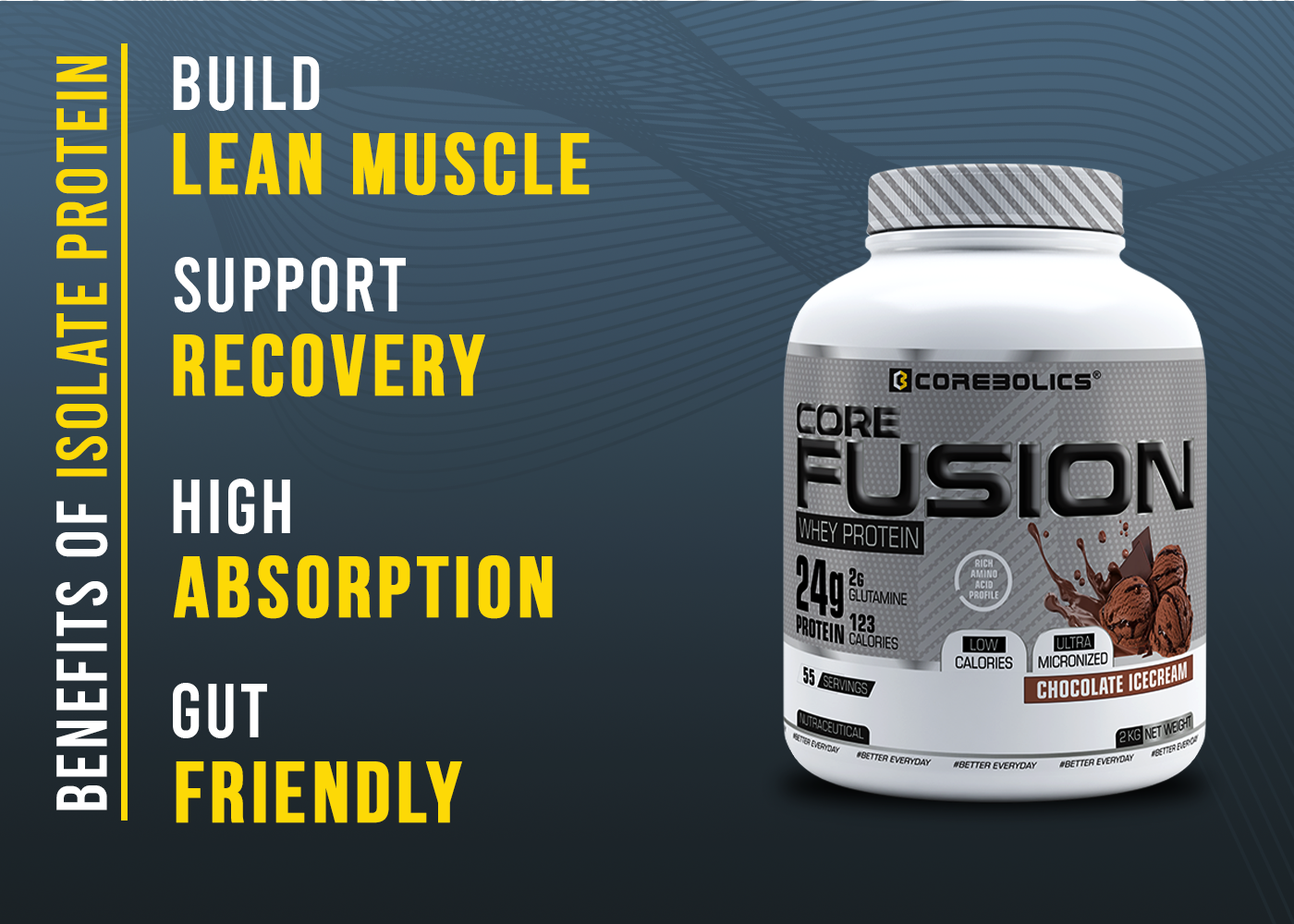 COREBOLICS CORE FUSION WHEY PROTEIN ( 2KG , 55 SERVINGS ) FREE T-Shirt