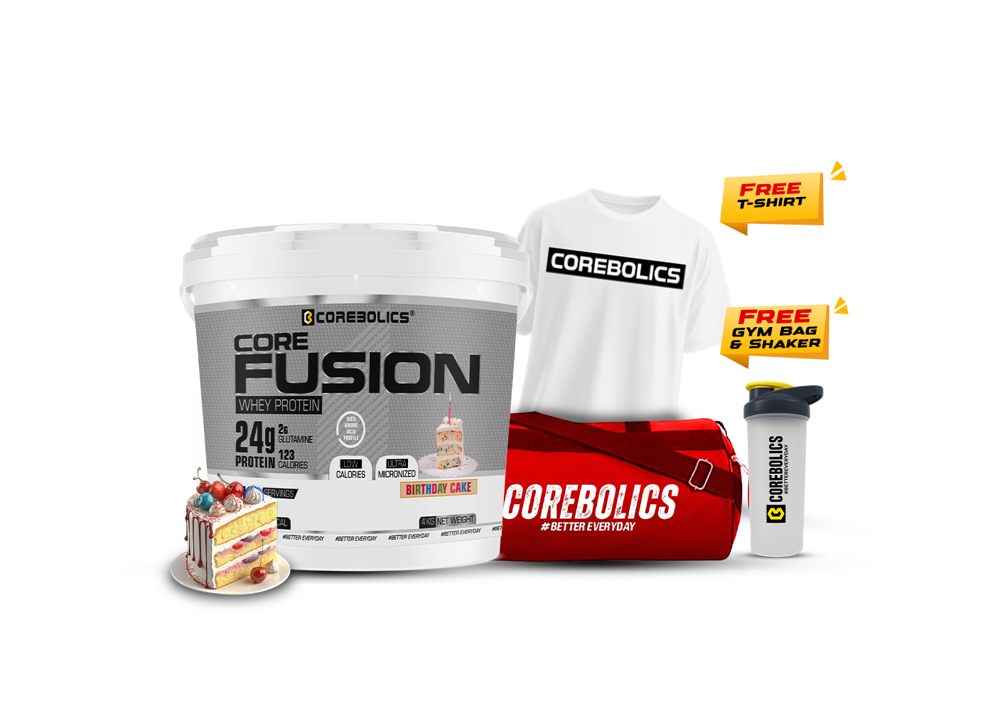 Corebolics core fusion whey protein 4kg birthday cake with t-shirt, bag & shaker