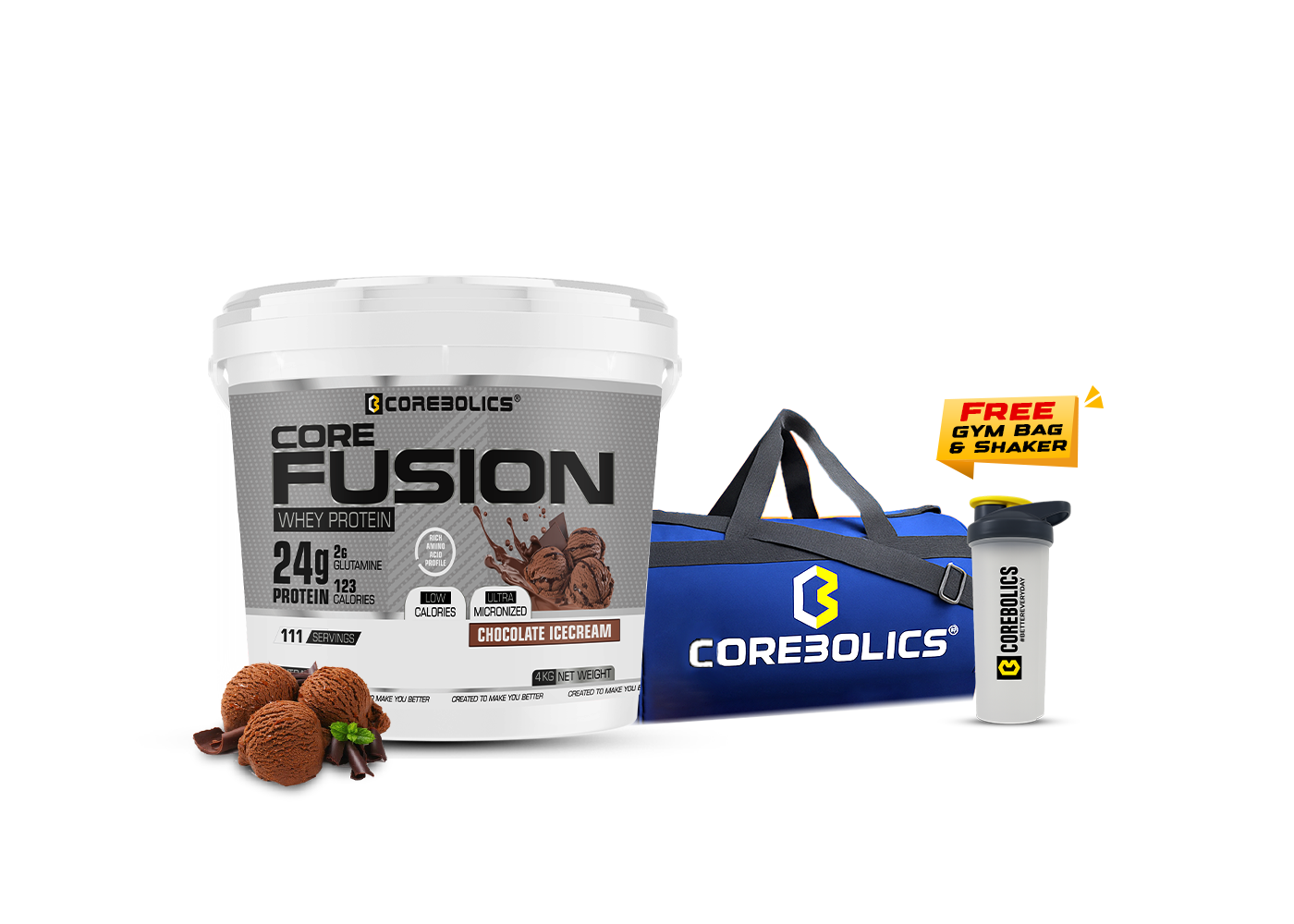 Corebolics Core Fusion Whey Protein ( 4 kg , 111 Servings ) + FREE GYM BAG And SHAKER