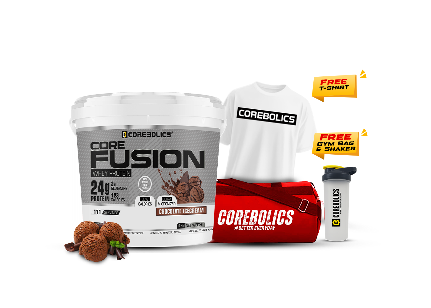 Corebolics core fusion whey protein 4kg chocolate icecream flavor with t-shirt, bag & shaker