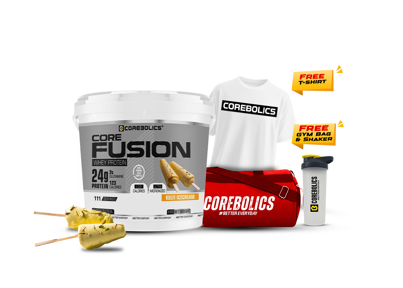 Corebolics core fusion whey protein 4kg kulfi icecream flavor with t-shirt, bag & shaker
