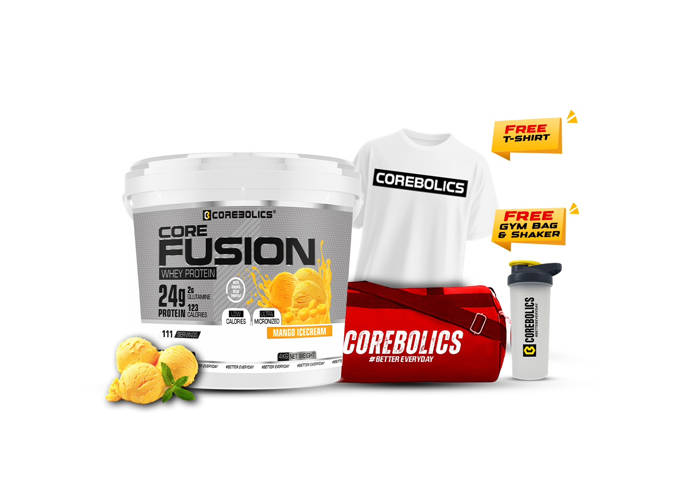 Corebolics core fusion whey protein 4kg mango icecream flavor with t-shirt, bag & shaker