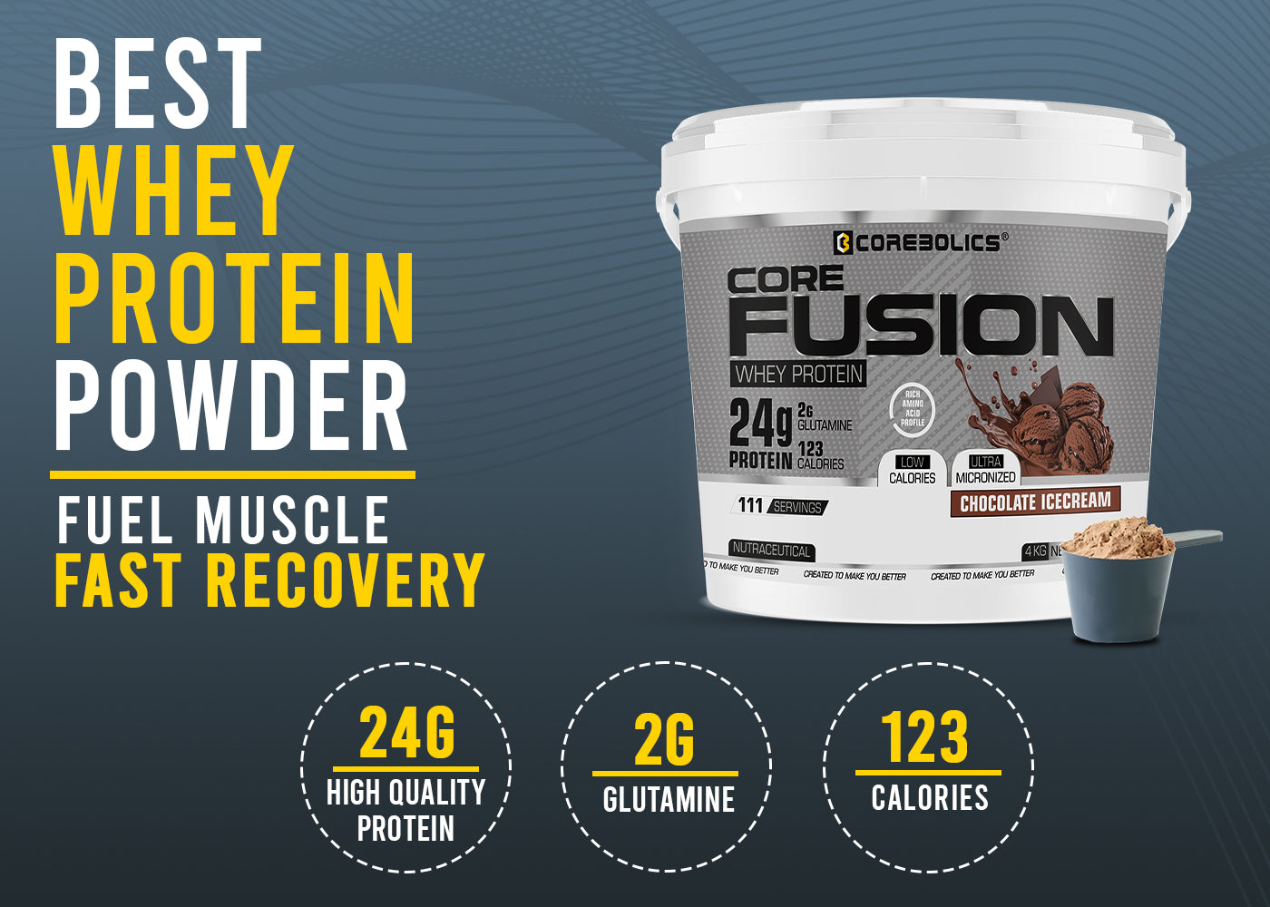 Corebolics Core Fusion Whey Protein ( 4 kg , 111 Servings ) + FREE GYM BAG And SHAKER