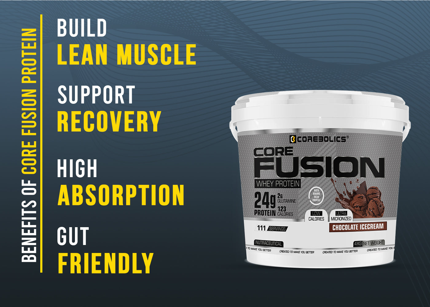 Corebolics Core Fusion Whey Protein ( 4 kg , 111 Servings ) + FREE GYM BAG And SHAKER