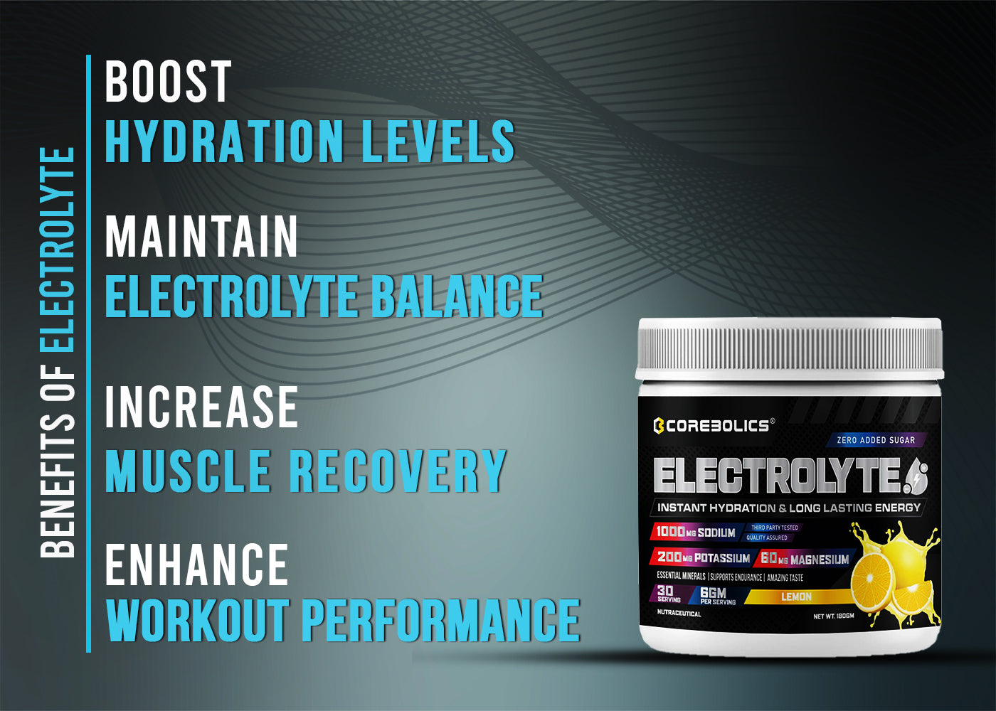 Corebolics electrolyte 180gm lemon flavor