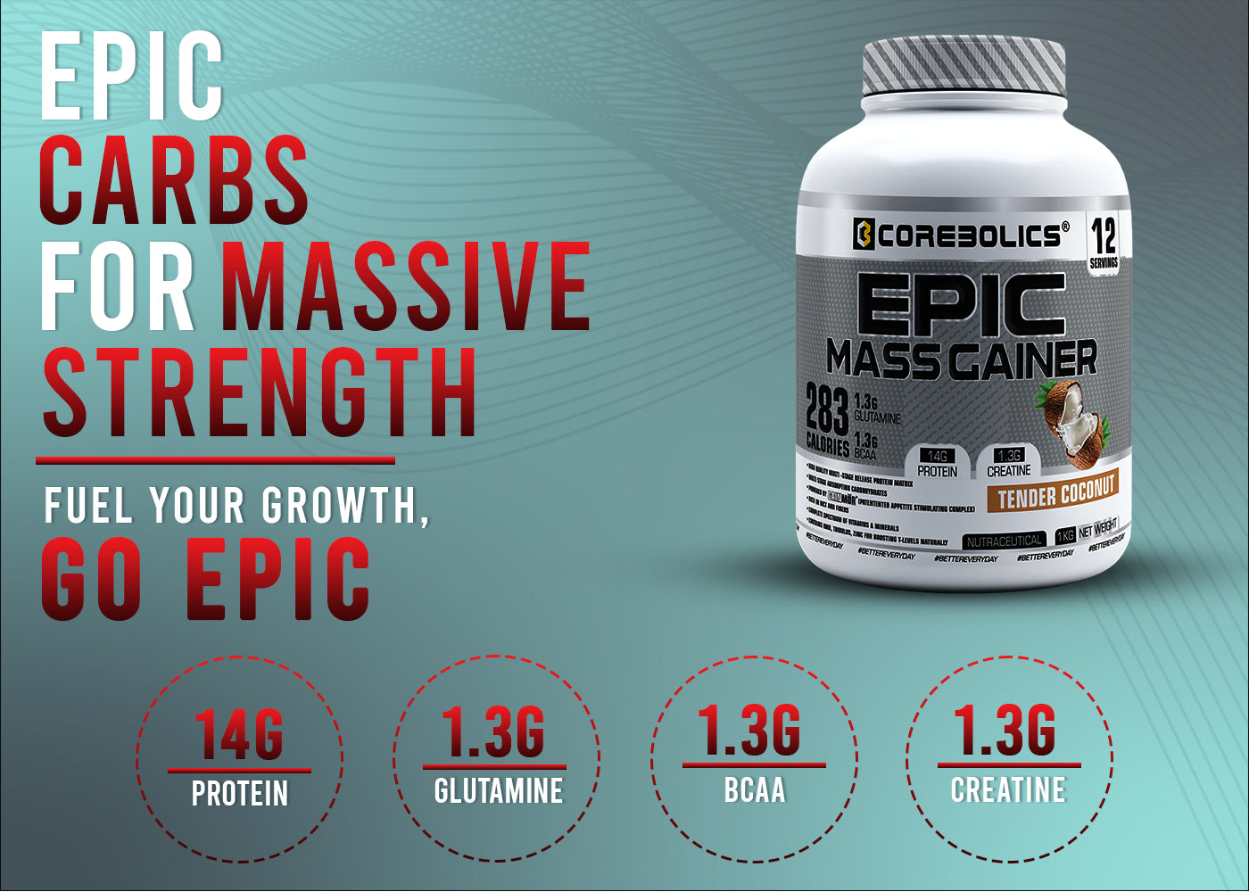 Corebolics epic mass gainer 1kg tender coconut