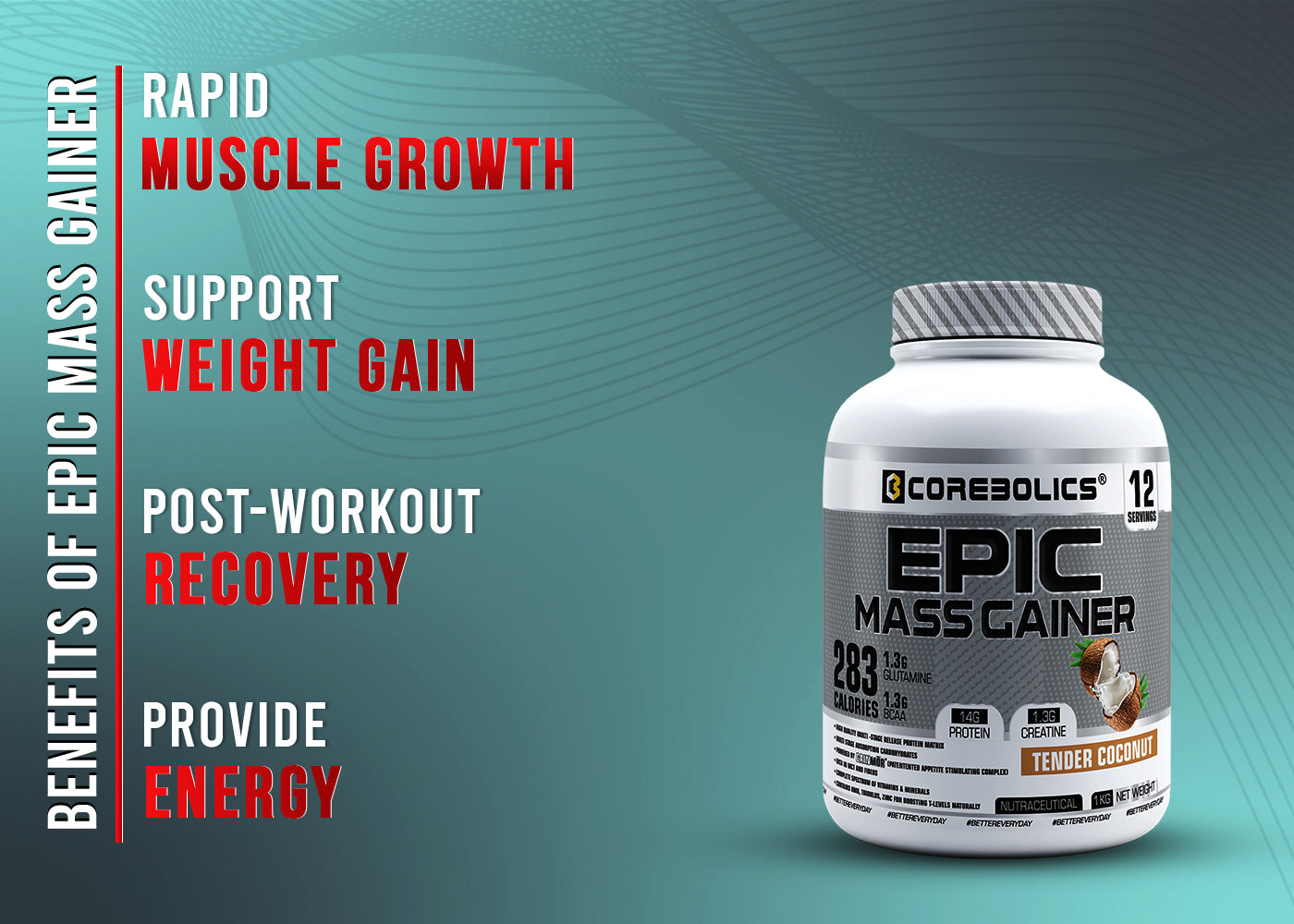 Corebolics epic mass gainer 1kg tender coconut