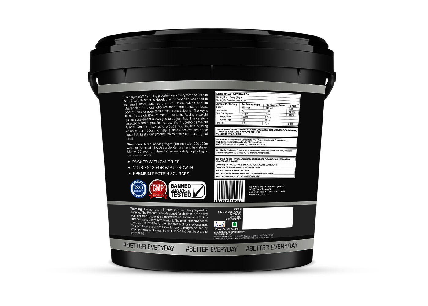Corebolics Weight Gainer Xtreme ( Chocolate, 5 kg, 83 Servings ) + FREE GYM BAG and Shaker