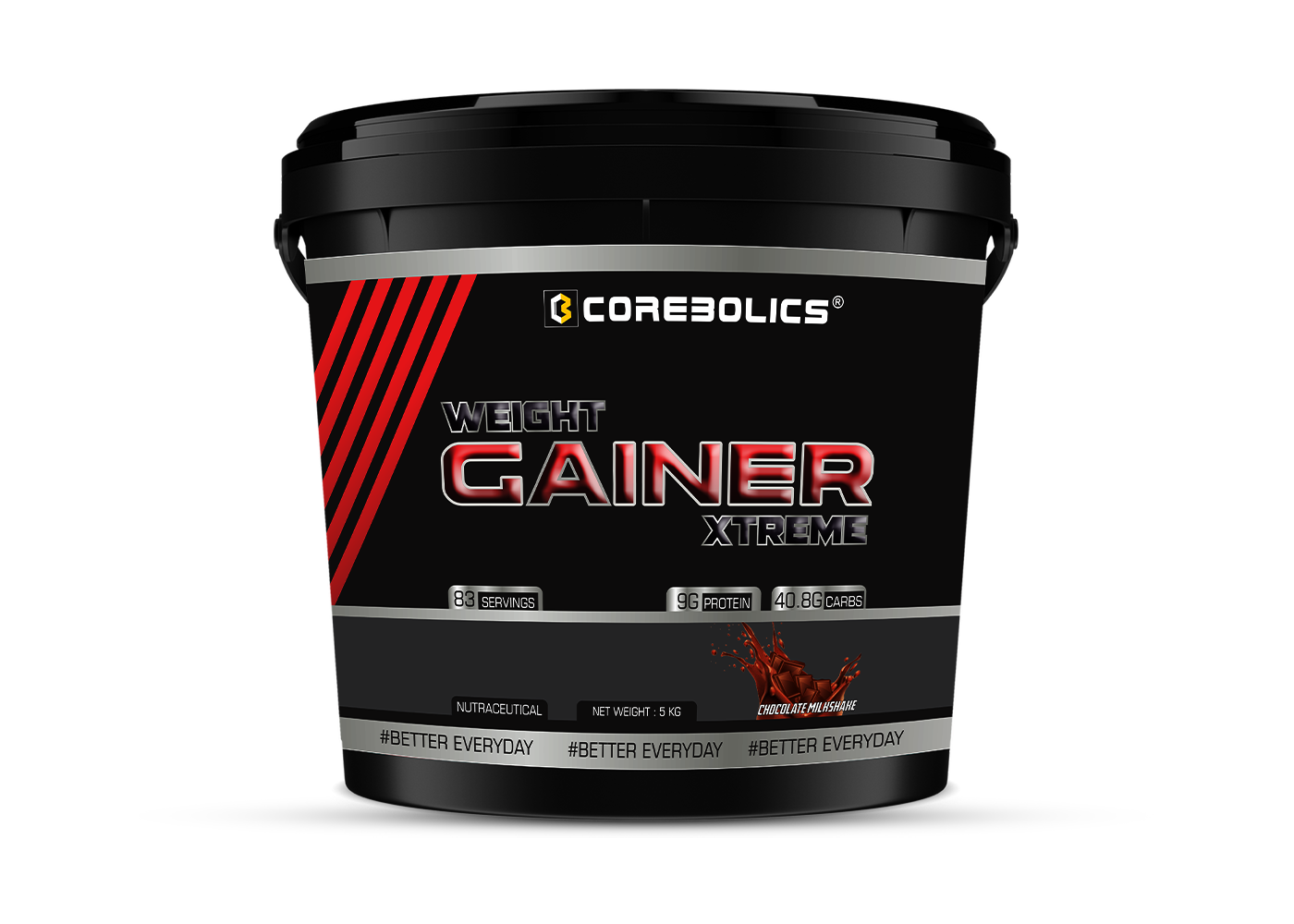 Corebolics Weight Gainer Xtreme ( Chocolate, 5 kg, 83 Servings ) + FREE GYM BAG and Shaker