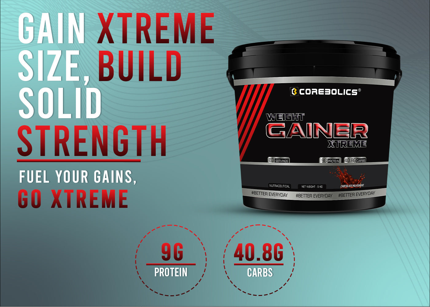 Corebolics Weight Gainer Xtreme ( Chocolate, 5 kg, 83 Servings ) + FREE GYM BAG and Shaker