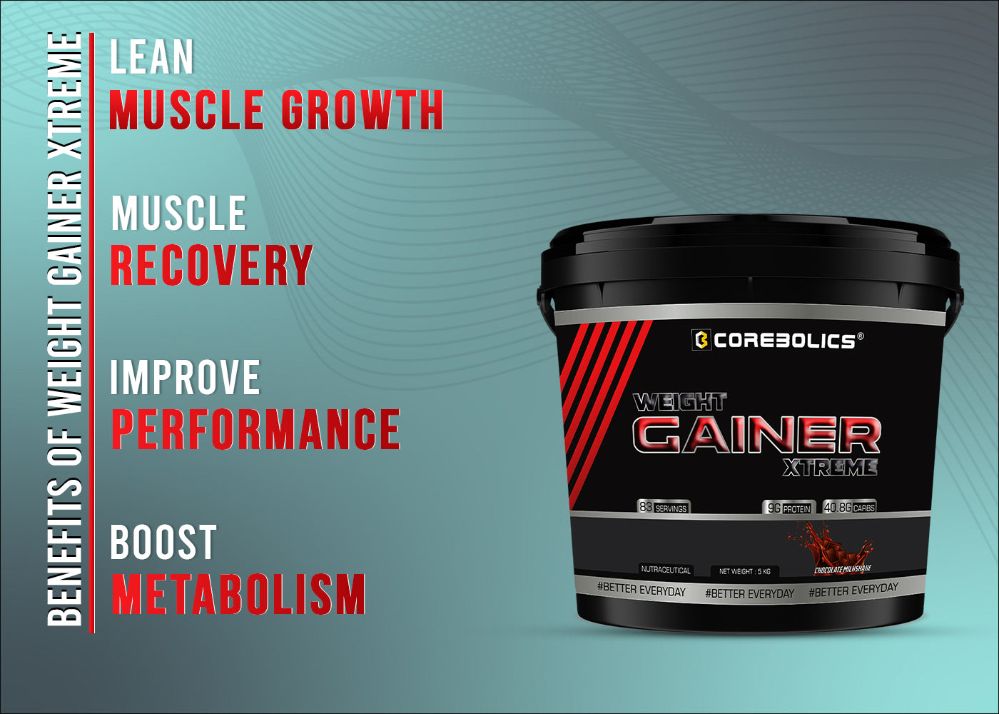 Corebolics Weight Gainer Xtreme ( Chocolate, 5 kg, 83 Servings ) + FREE GYM BAG and Shaker