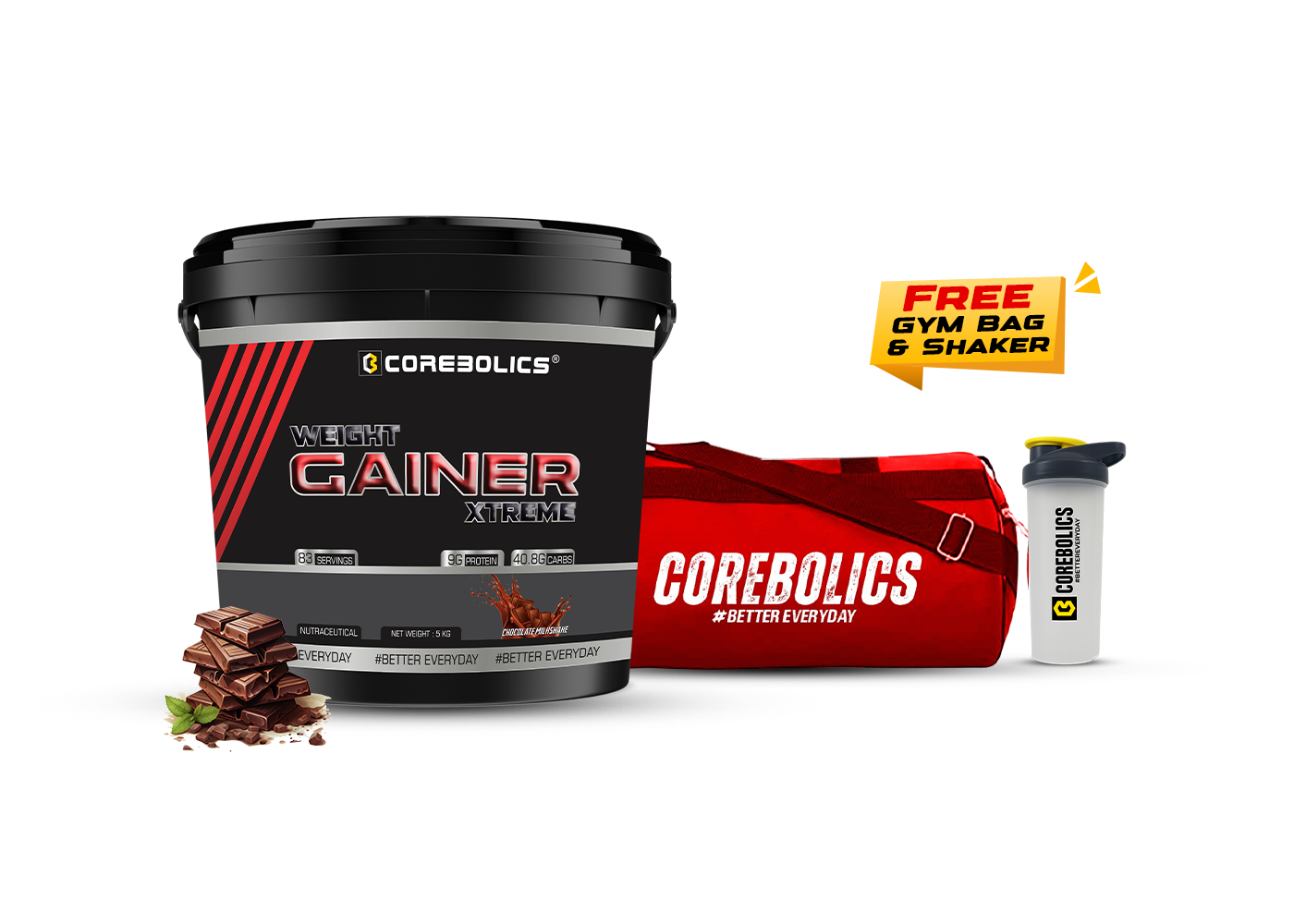 Corebolics weight gainer xtreme 5kg chocolate milkshake flavor with bag & shaker