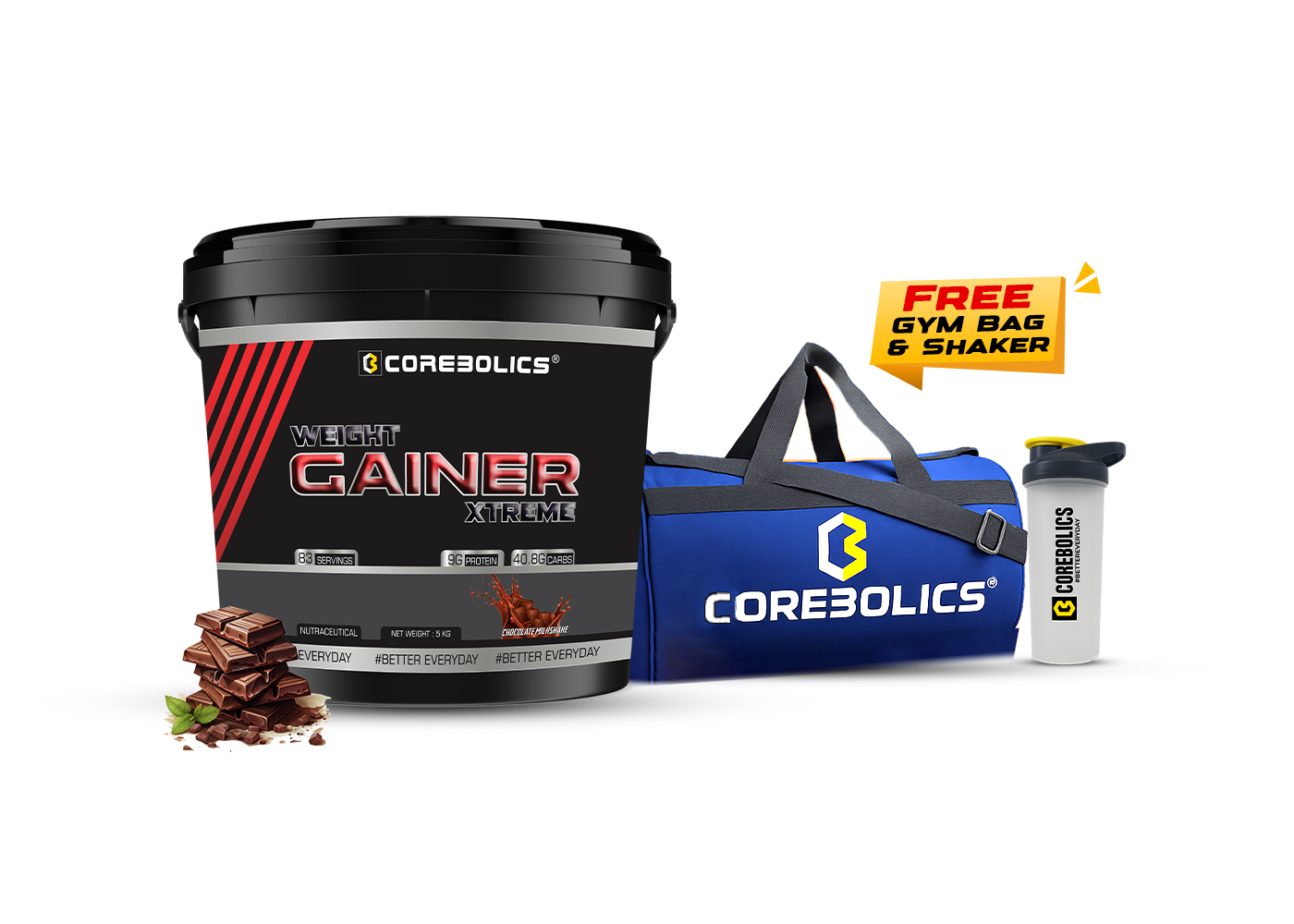 Corebolics Weight Gainer Xtreme ( Chocolate, 5 kg, 83 Servings ) + FREE GYM BAG and Shaker