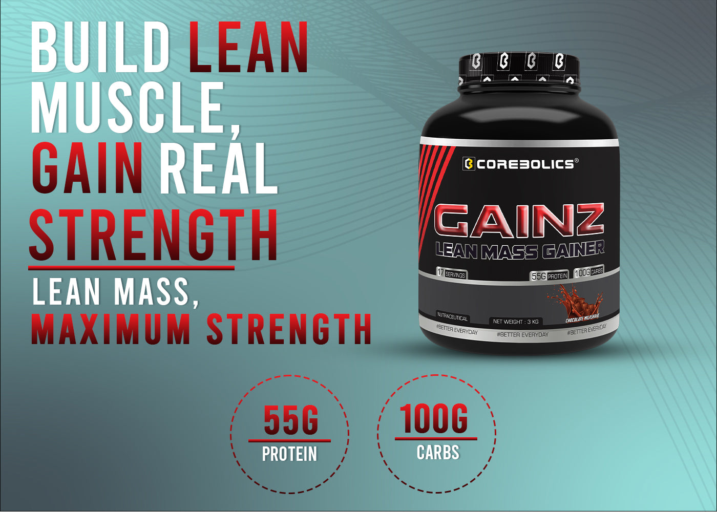 Corebolics Gainz - Lean Mass Gainer ( 1 kg, 5 Servings ) + 150g Creatine free