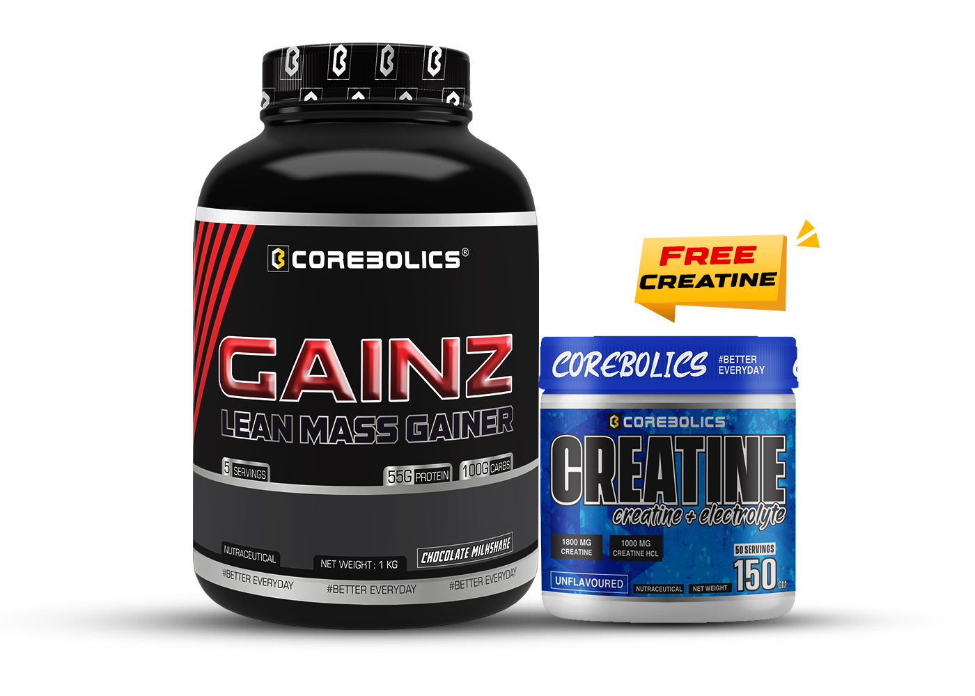 Corebolics Gainz - Lean Mass Gainer (1 kg, 5 Servings) + 150g Creatine free