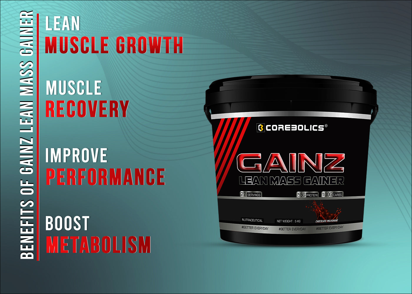 Corebolics Gainz - Lean Mass Gainer (5 kg, 27 Servings) + FREE GYM BAG