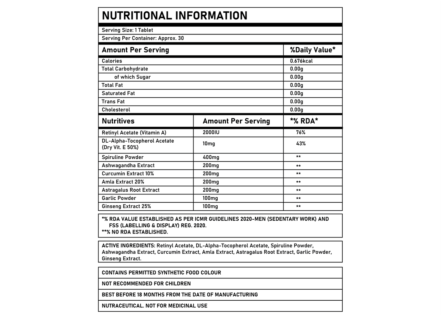 Corebolics immune tablets nutritional information
