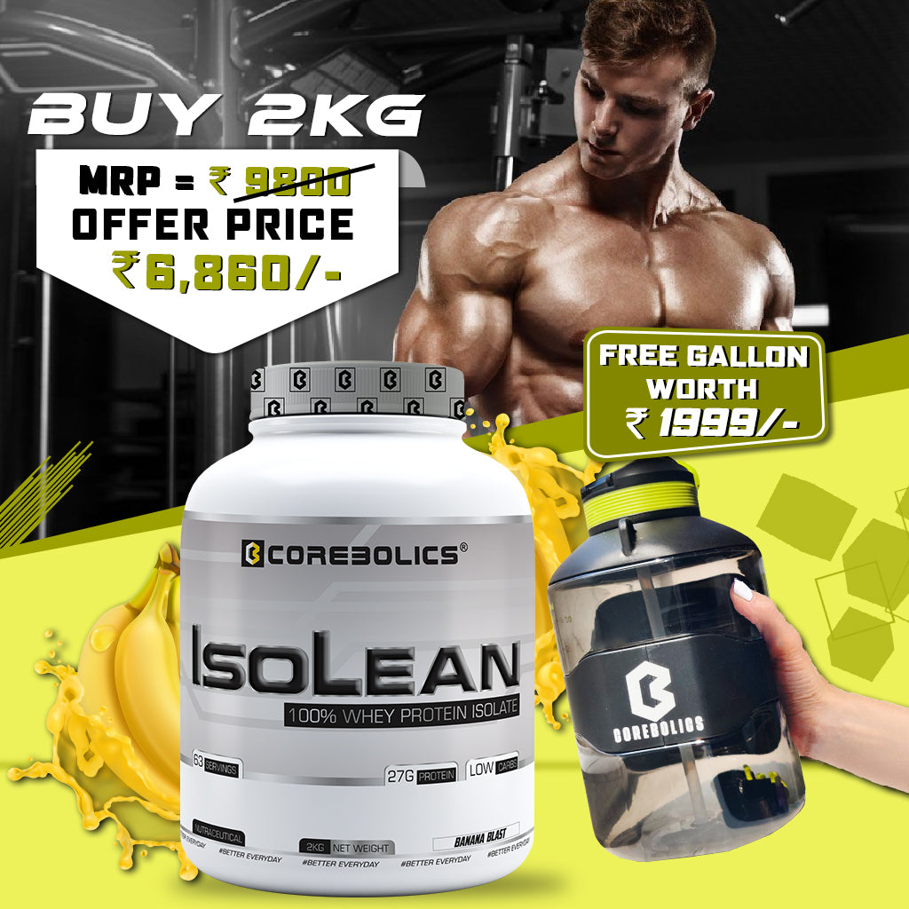 Corebolics Isolean -100% Whey Protein Isolate (2 kg, 63 Servings) + Gallon of 2.2 Litre FREE