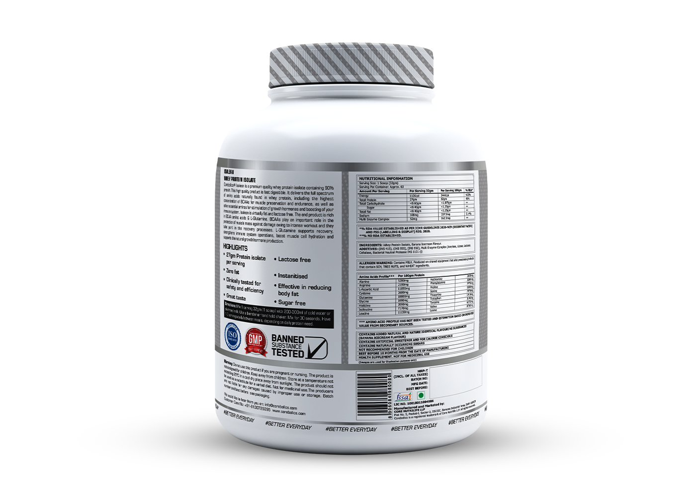 Corebolics Isolean 100% Whey Protein Isolate ( 2 kg, 63 Servings ) + FREE Samples And Protein Bar