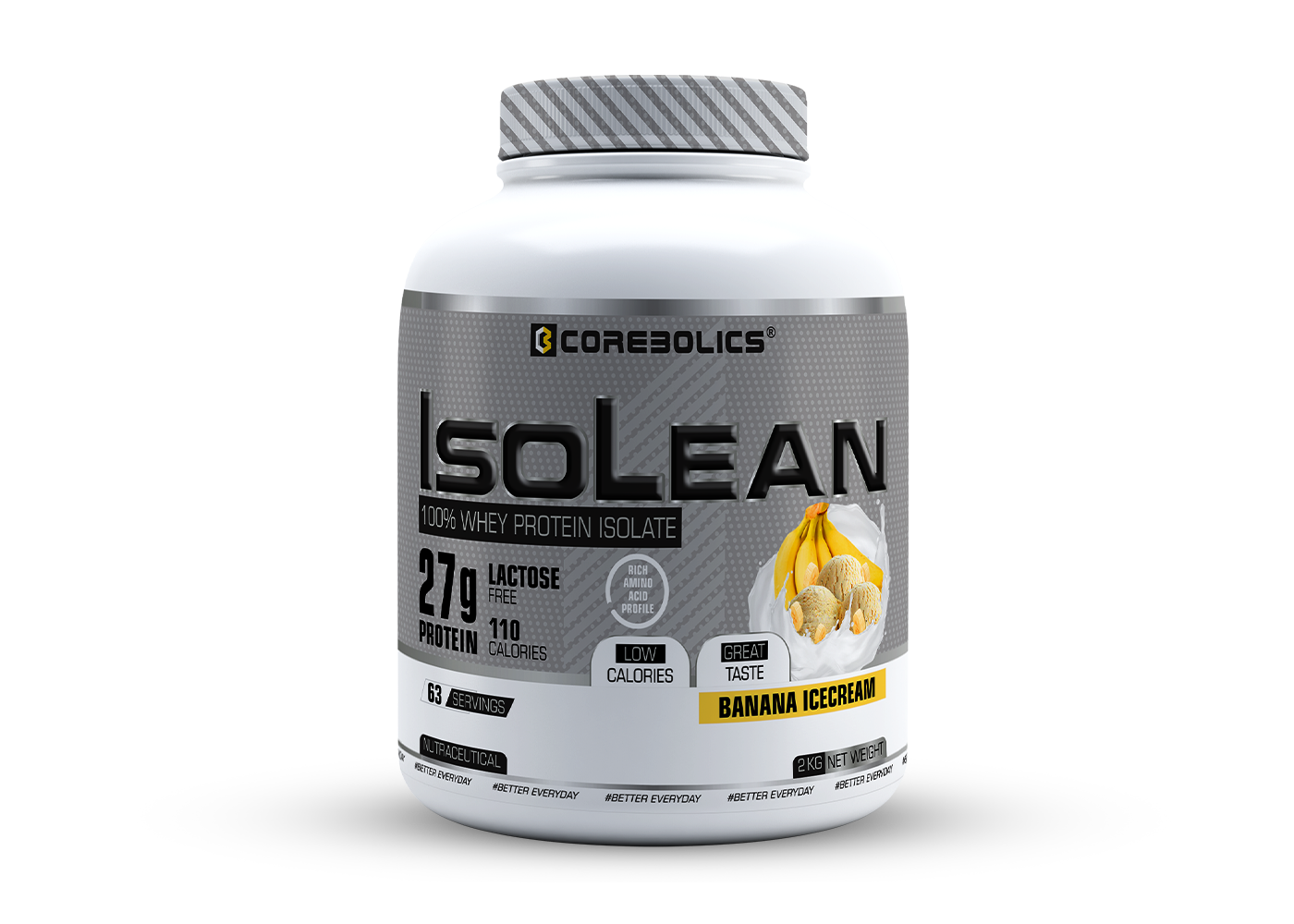 Corebolics Isolean 100% Whey Protein Isolate ( 2 kg, 63 Servings ) + FREE Samples And Protein Bar