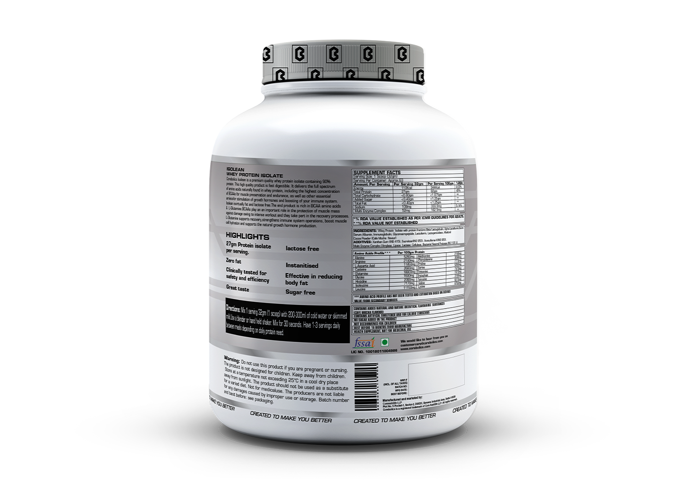 Corebolics Isolean 100% Whey Protein Isolate ( 2 kg, 63 Servings ) + FREE Samples And Protein Bar