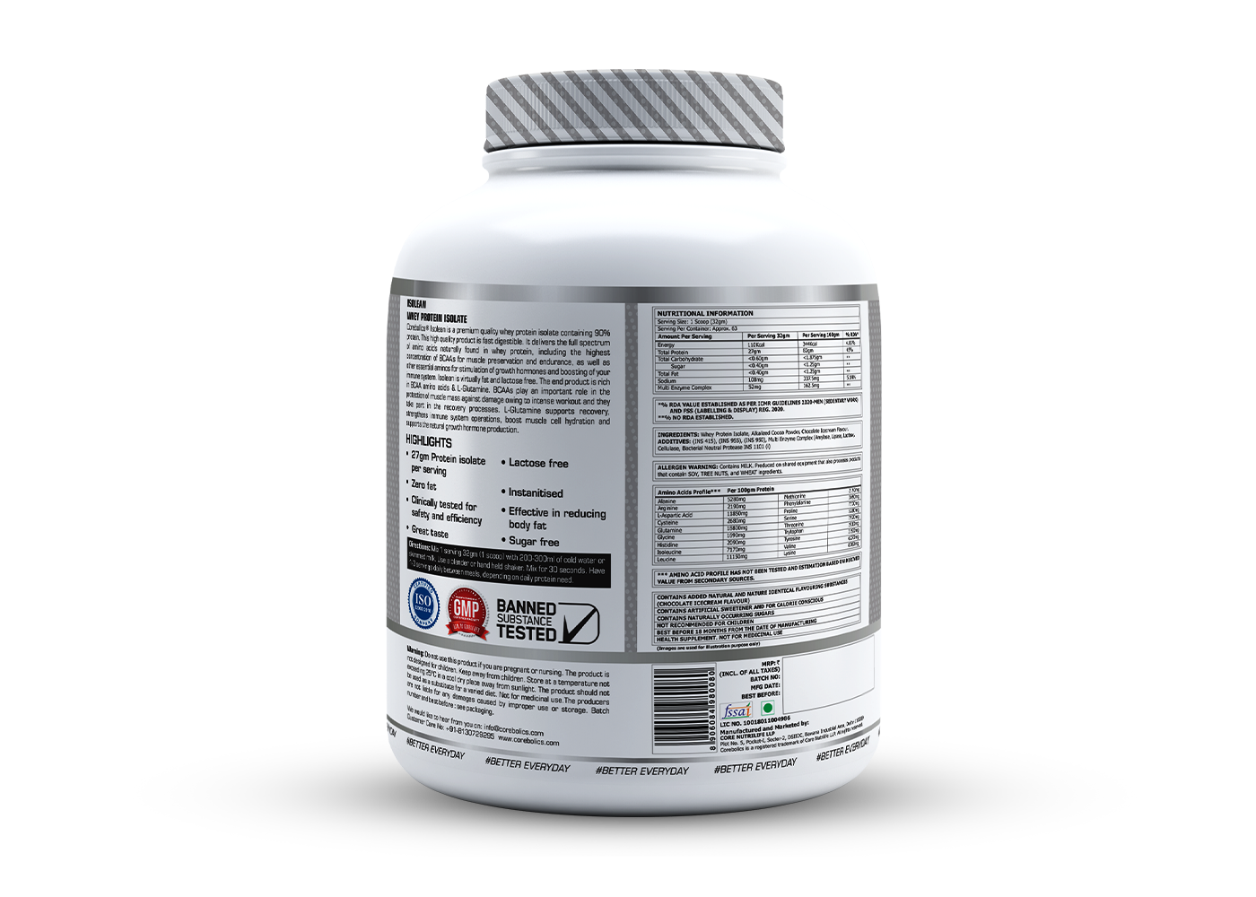 Corebolics Isolean 100% Whey Protein Isolate ( 2 kg, 63 Servings ) + FREE Samples And Protein Bar