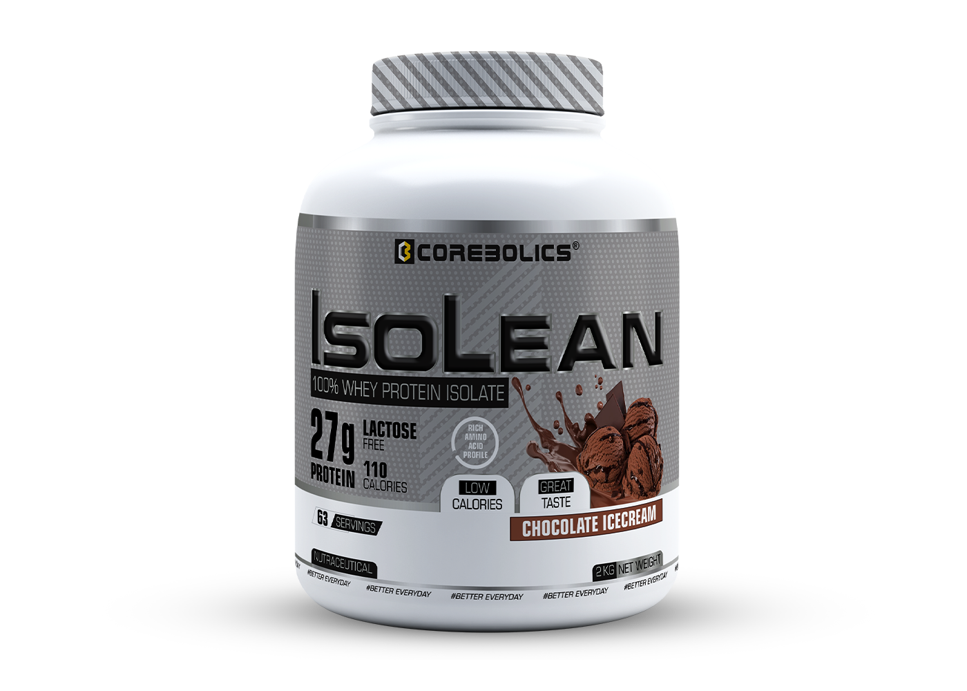 Corebolics Isolean 100% Whey Protein Isolate ( 2 kg, 63 Servings ) + FREE Samples And Protein Bar
