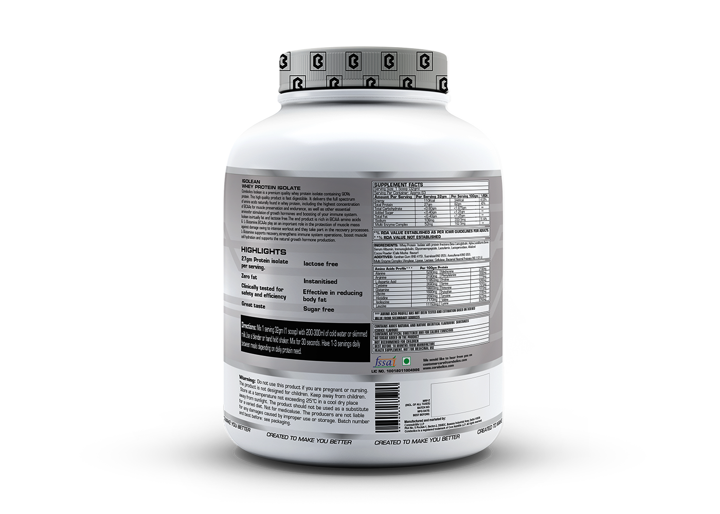 Corebolics Isolean 100% Whey Protein Isolate ( 2 kg, 63 Servings ) + FREE Samples And Protein Bar