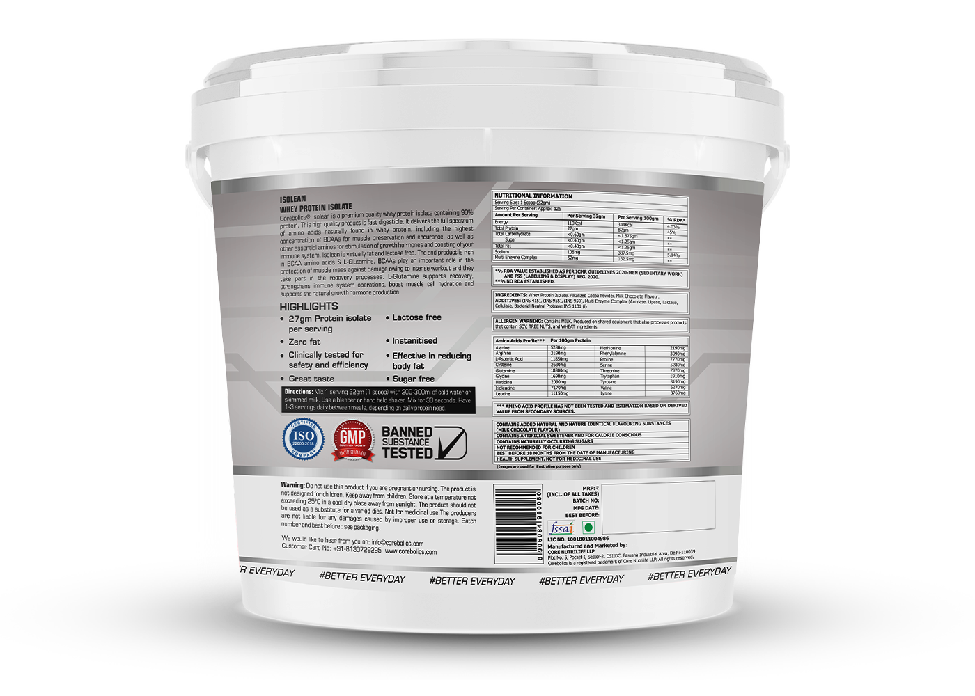 Corebolics Isolean - 100% Whey Protein Isolate ( 4 kg, 126 Servings ) + FREE GYM BAG And SHAKER