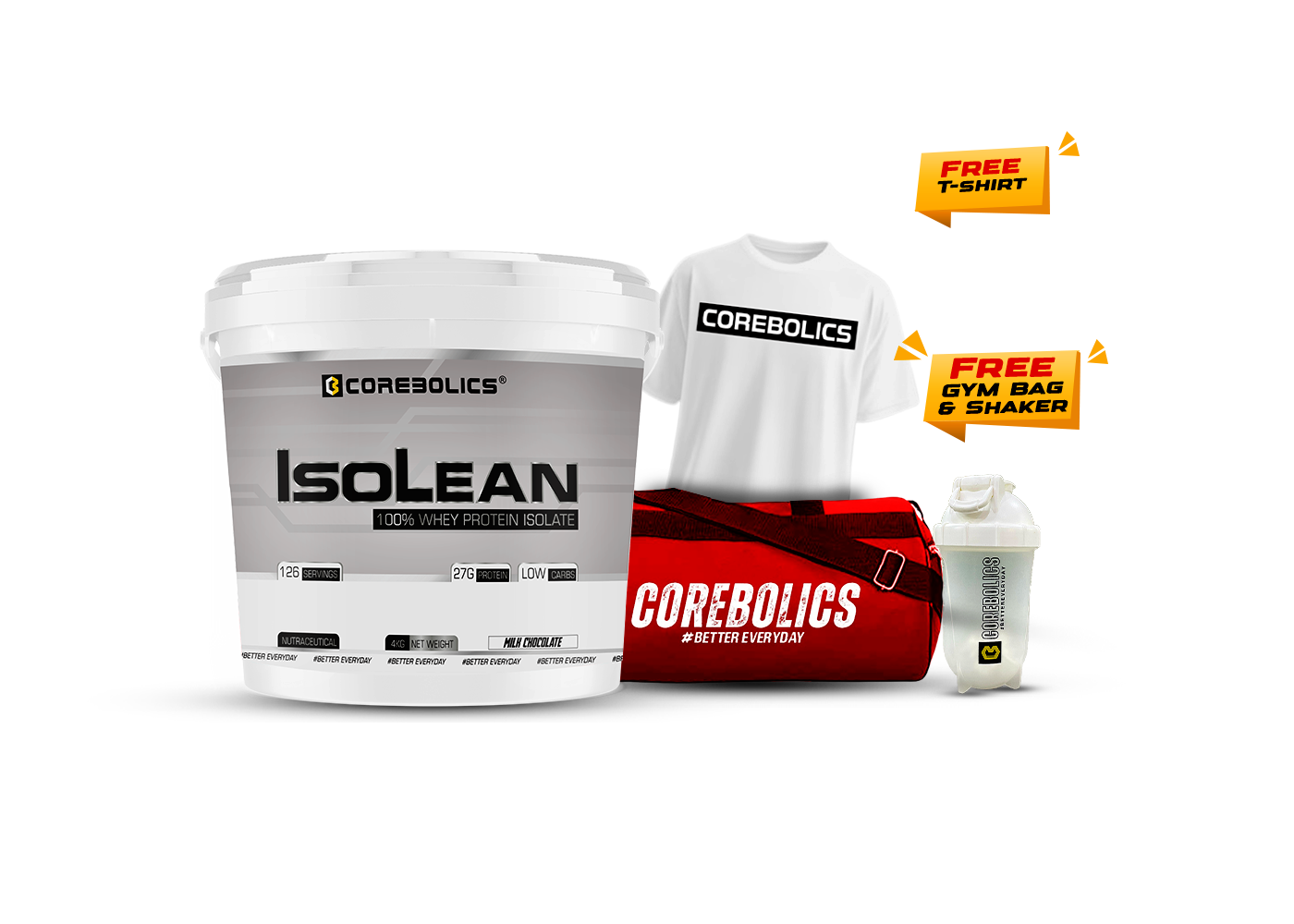 Corebolics Isolean - 100% Whey Protein Isolate ( 4 kg, 126 Servings ) + FREE GYM BAG, T-Shirt and SHAKER