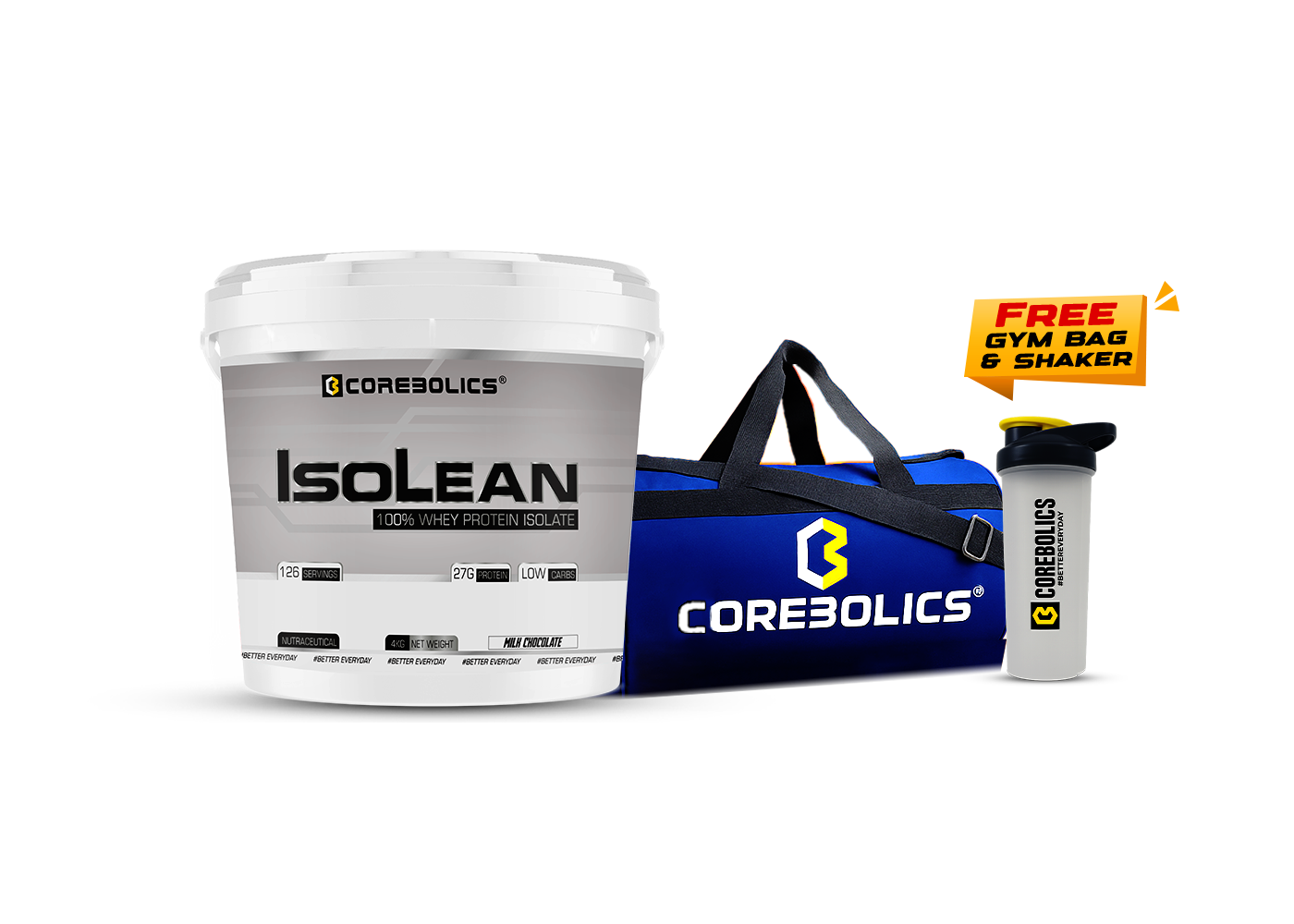 Corebolics Isolean - 100% Whey Protein Isolate ( 4 kg, 126 Servings ) + FREE GYM BAG And SHAKER