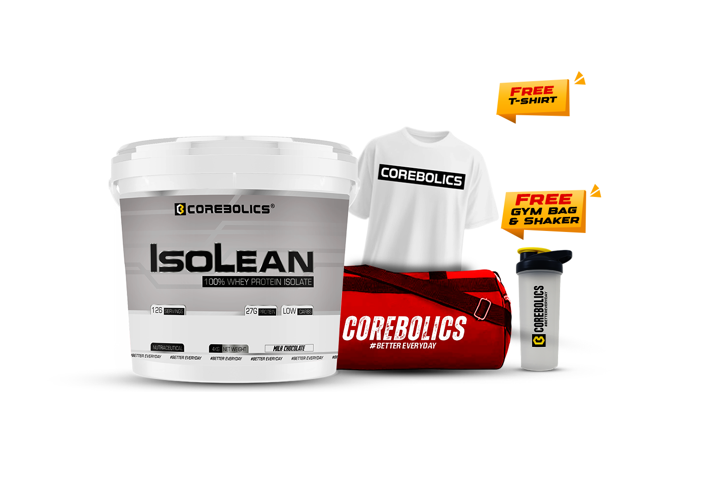 Corebolics isolean whey protein isolate 4kg chocolate icecream flavor with t-shirt, bag & shaker