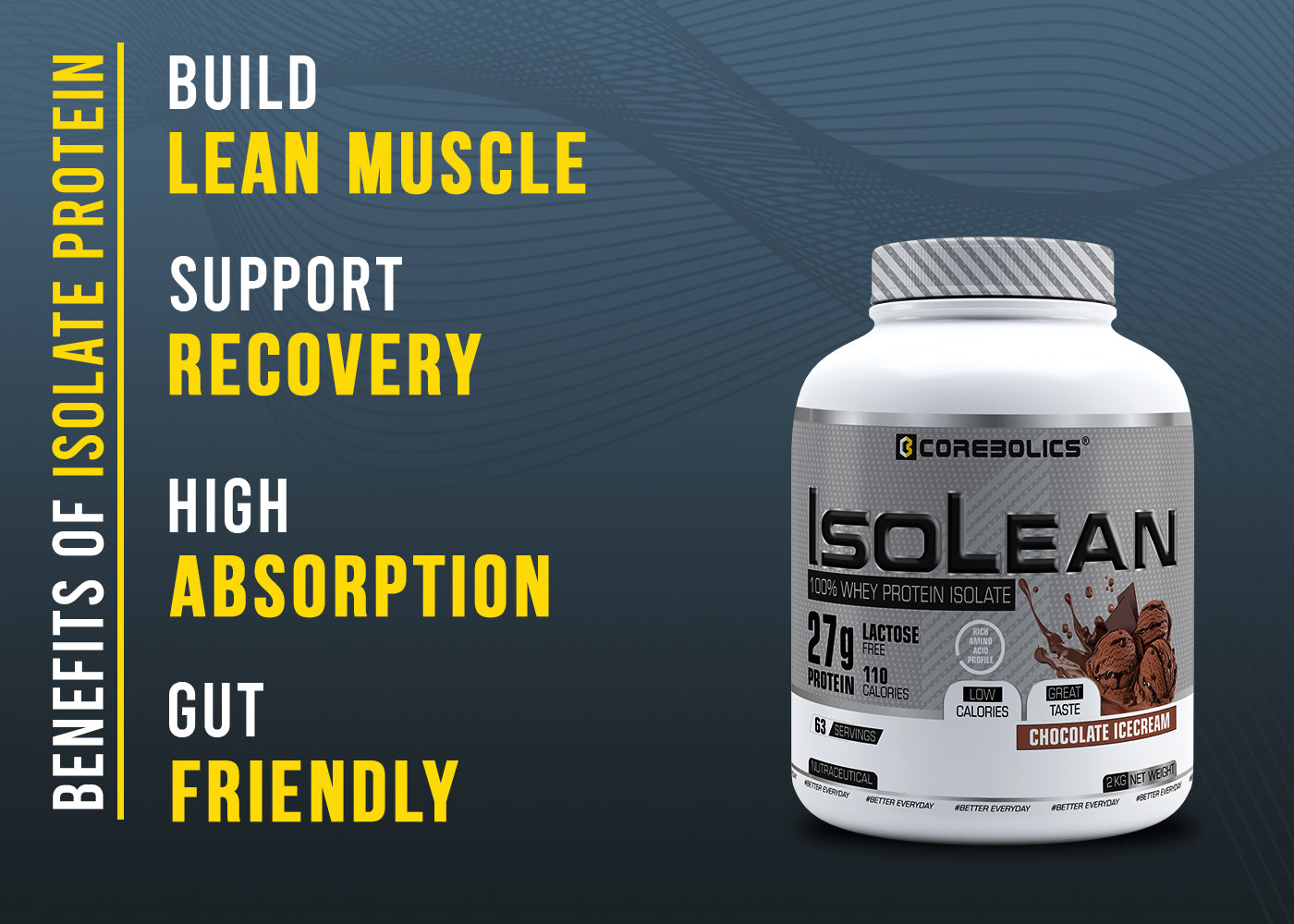 Corebolics Isolean 100% Whey Protein Isolate ( 2 kg, 63 Servings ) + FREE Samples And Protein Bar