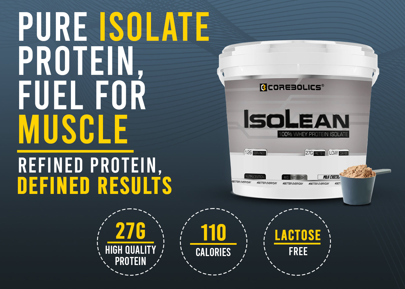 Corebolics Isolean - 100% Whey Protein Isolate ( 4 kg, 126 Servings ) + FREE GYM BAG And SHAKER
