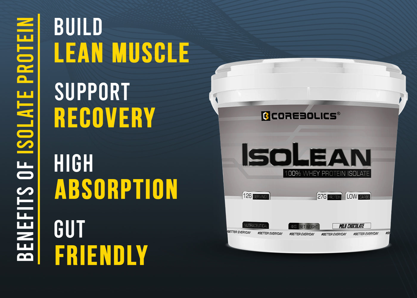 Corebolics Isolean - 100% Whey Protein Isolate ( 4 kg, 126 Servings ) + FREE GYM BAG And SHAKER