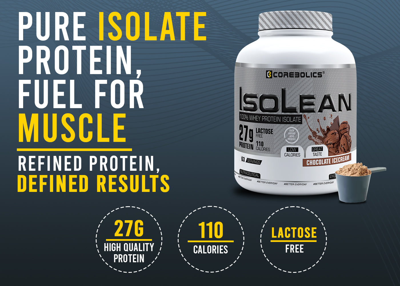 Corebolics Isolean 100% Whey Protein Isolate ( 2 kg, 63 Servings ) + FREE Samples And Protein Bar