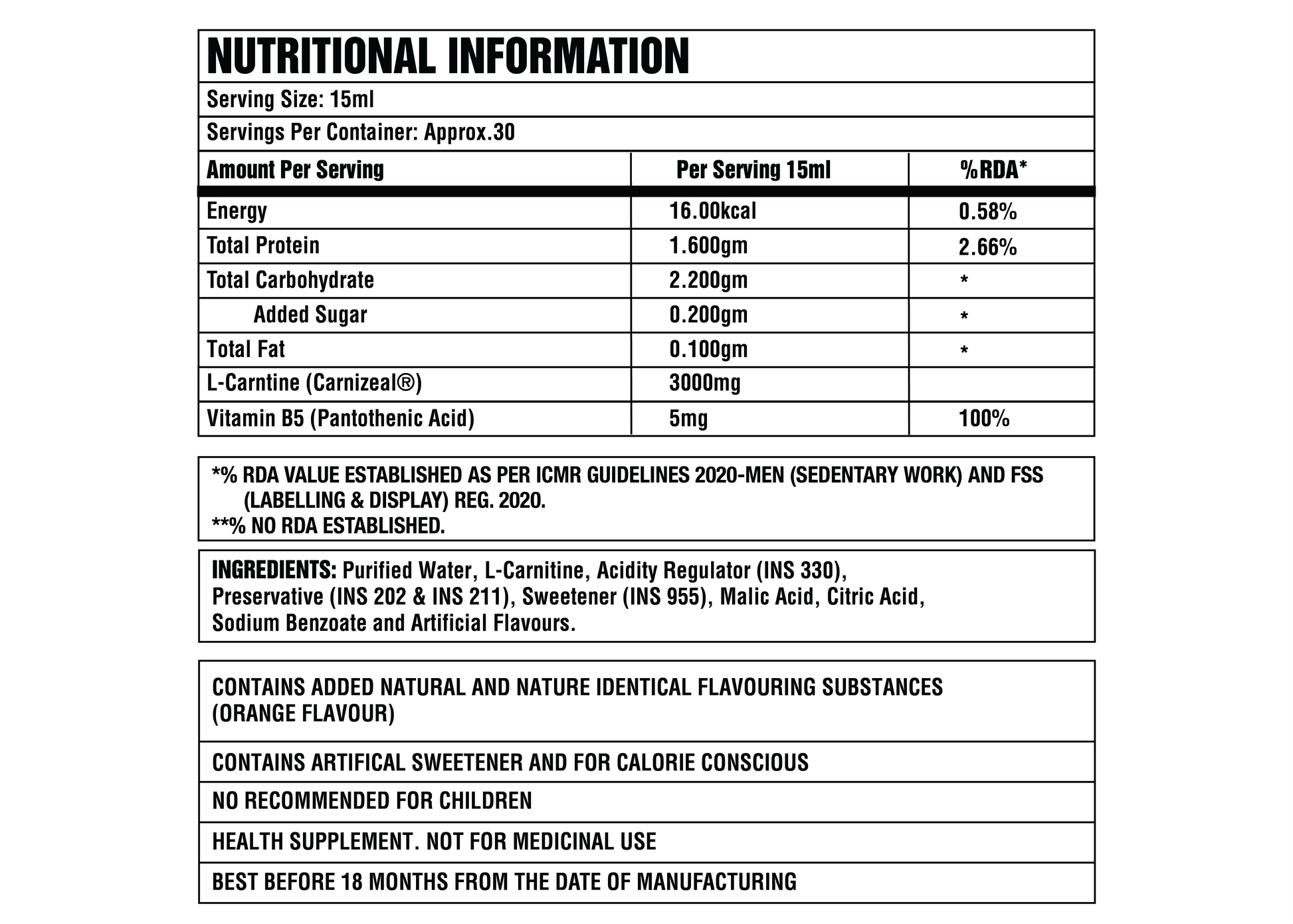 Corebolics l-carntine liquid  nutritional information