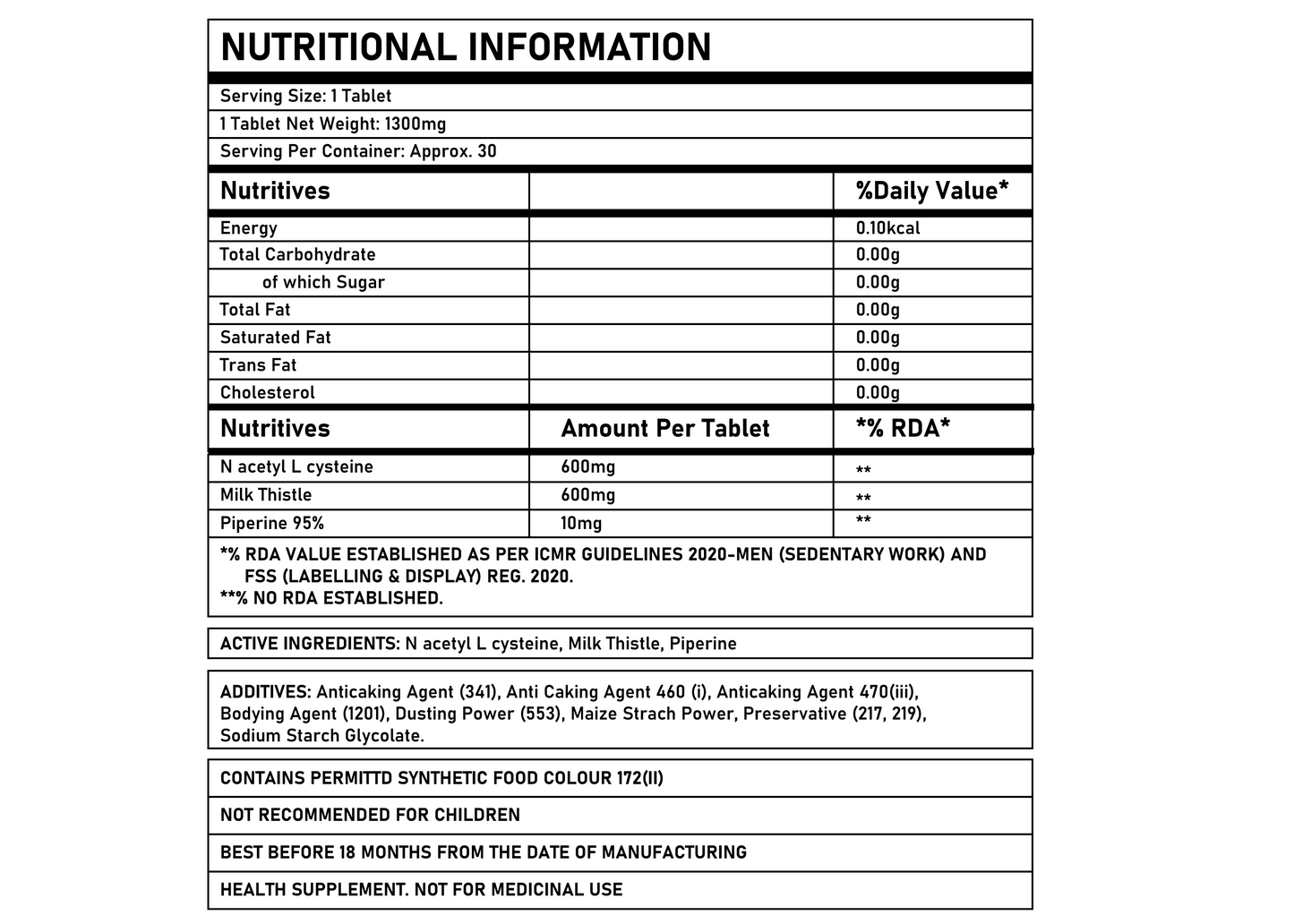 Corebolics liver 30 tablets nutritional information