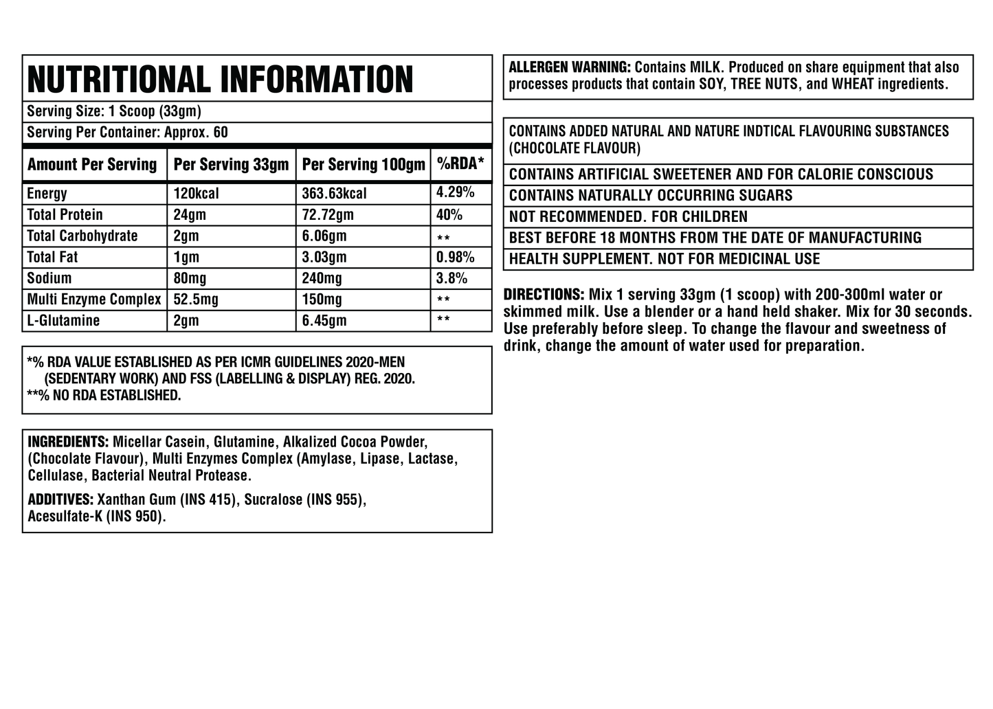 Corebolics Micellar Casein Ultra-Slow Release Protein ( Chocolate, 2 kg, 60 Servings ) + Free Shaker