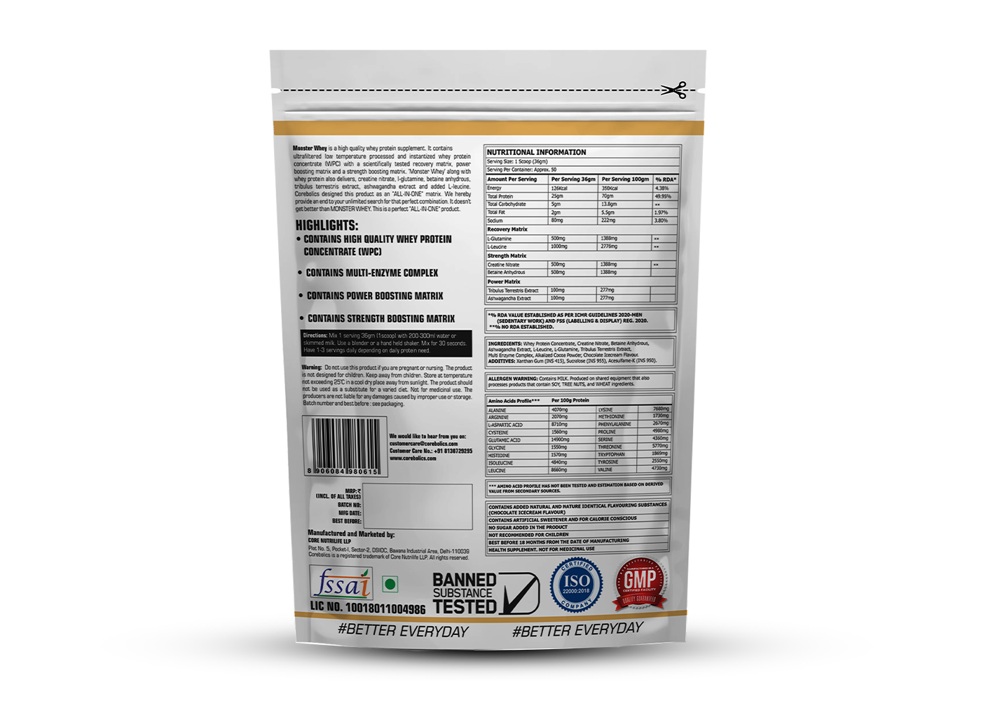 Corebolics Monster Whey - Whey Concentrate Formula 1.8 kg - (50 servings)