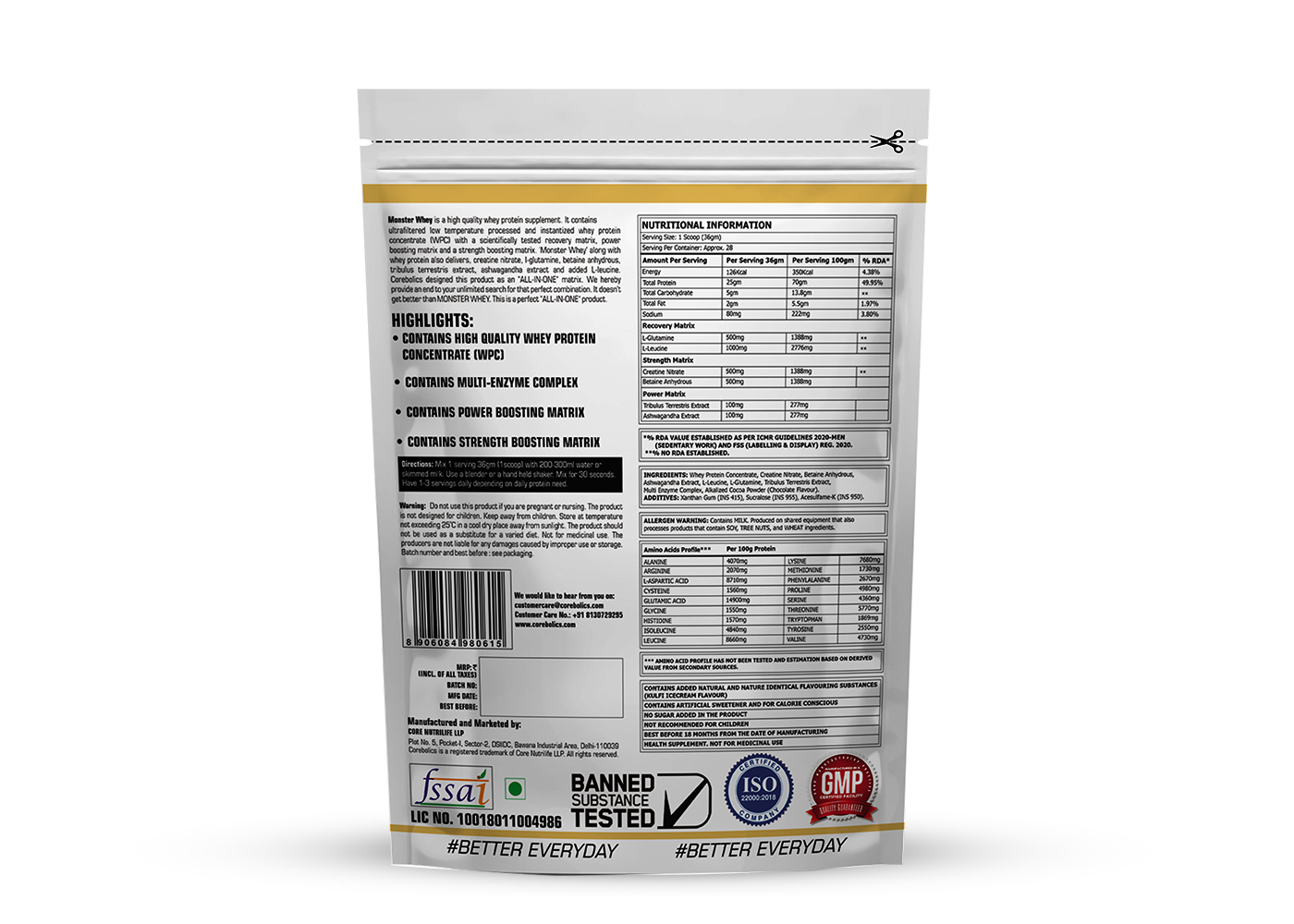 Corebolics Monster Whey - Whey Concentrate Formula 1 kg - 28 Servings