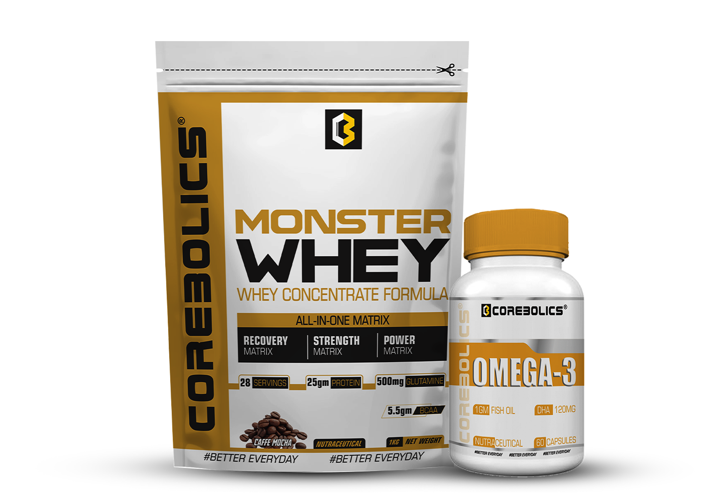 Corebolics 1 kg Monster Whey + Omega-3 (60 caps) Combo