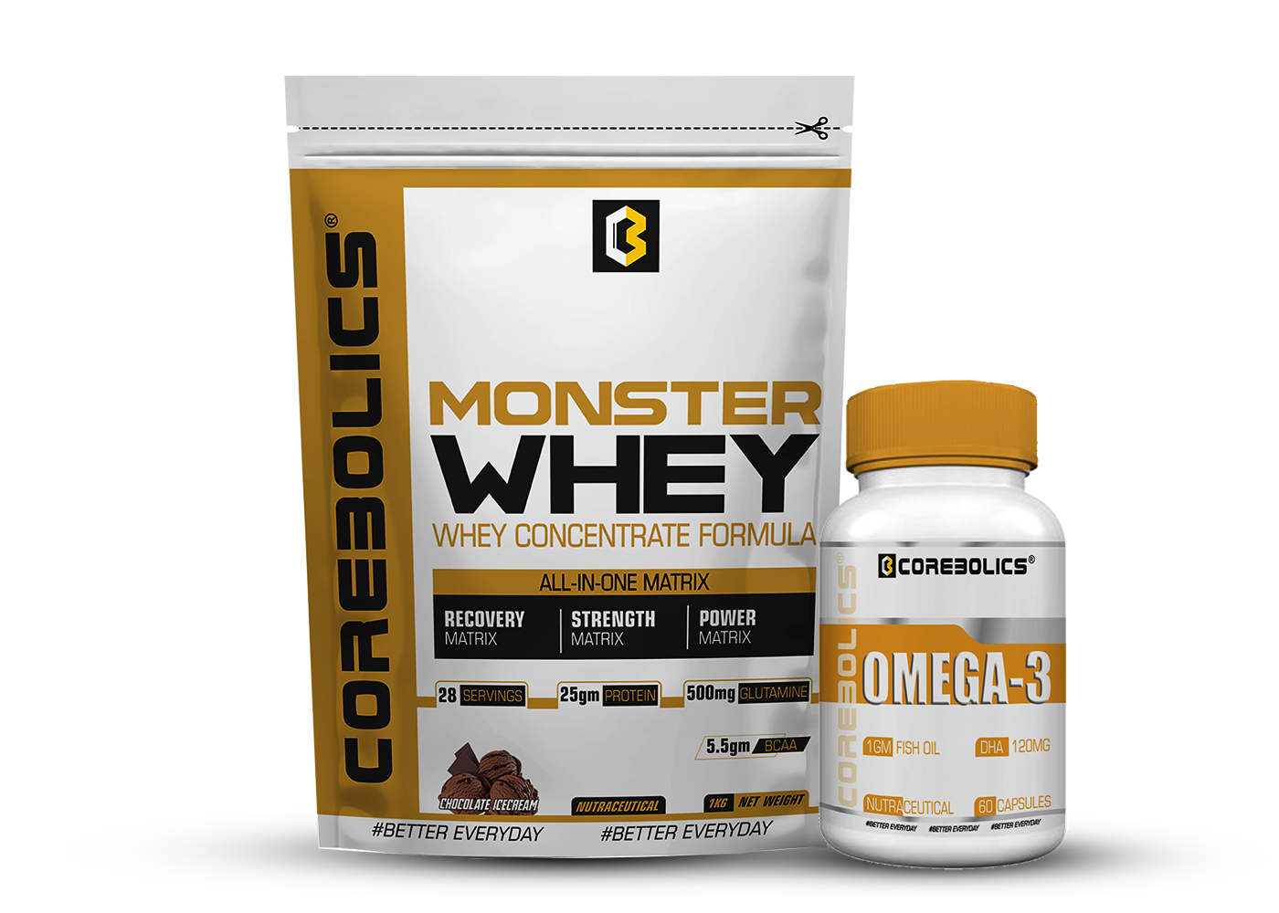 Corebolics 1 kg Monster Whey + Omega-3 (60 caps) Combo