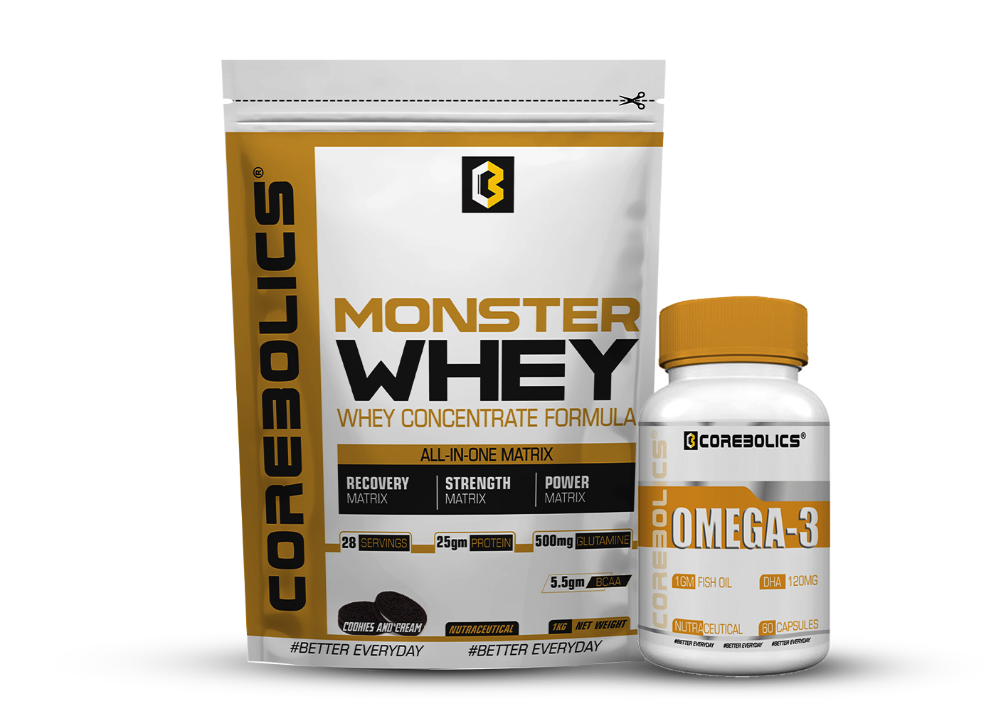 Corebolics 1 kg Monster Whey + Omega-3 (60 caps) Combo