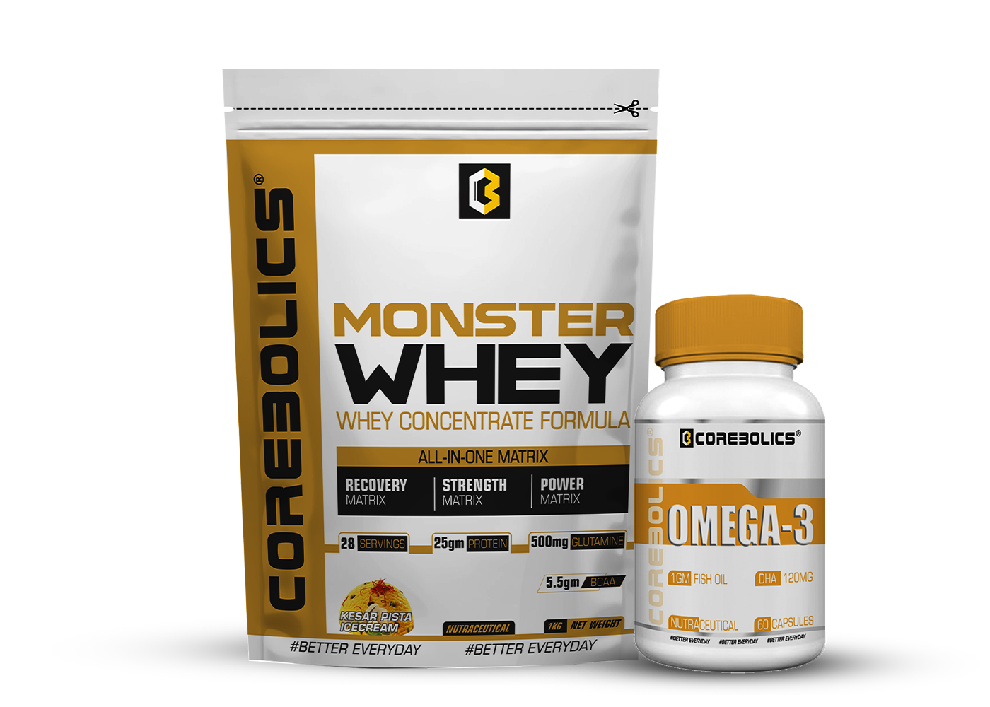 Corebolics 1 kg Monster Whey + Omega-3 (60 caps) Combo