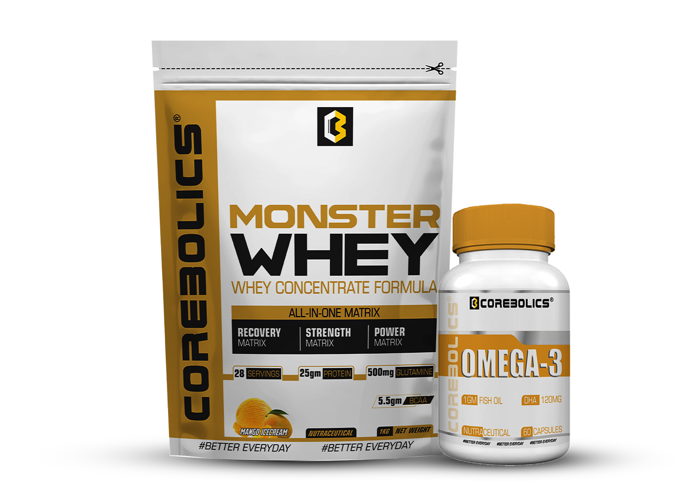Corebolics 1 kg Monster Whey + Omega-3 (60 caps) Combo